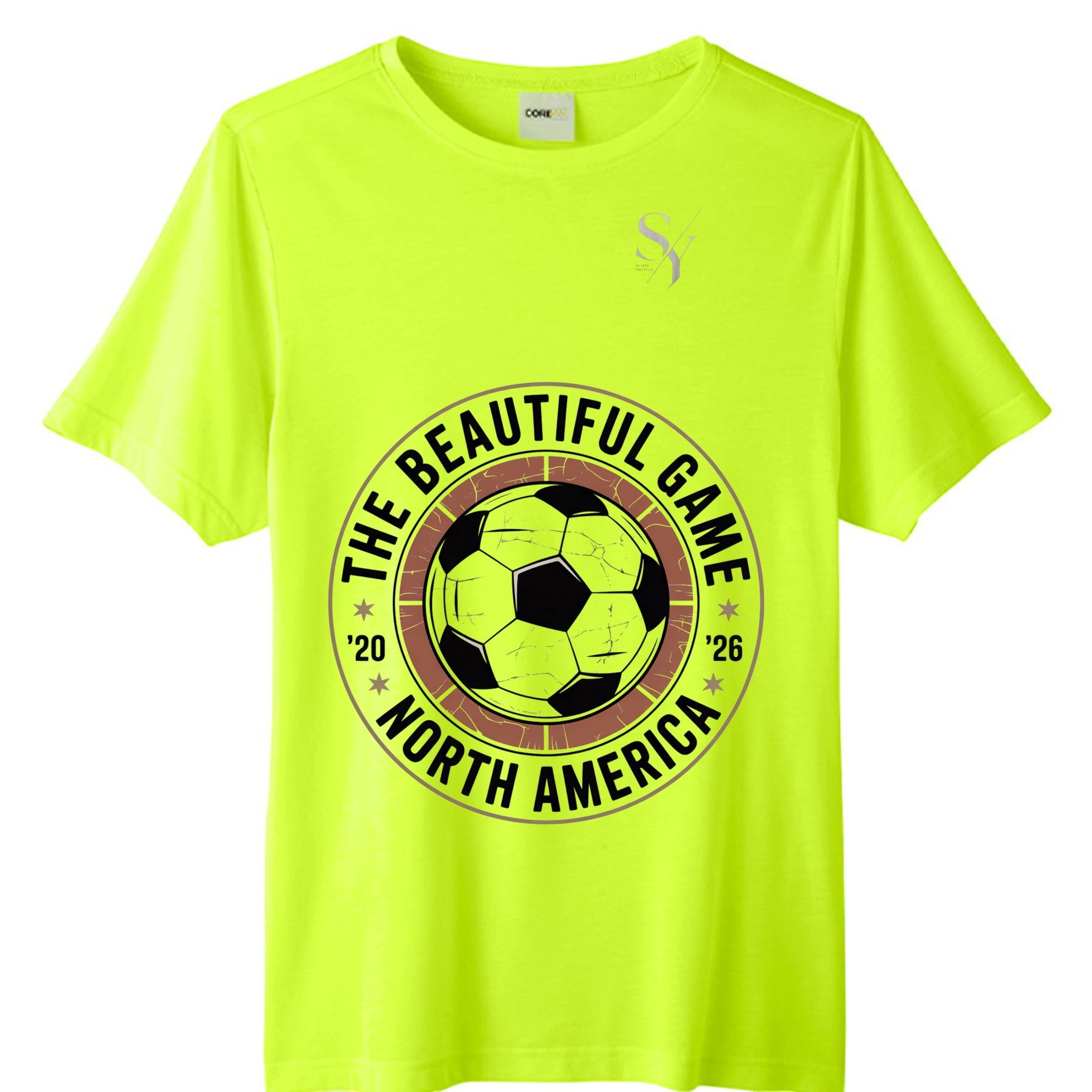 Stylio men's tall performance t-shirt in neon yellow, moisture-wicking polyester with a graphic of a soccer ball and text 'The Beautiful Game North America '20 '26'.