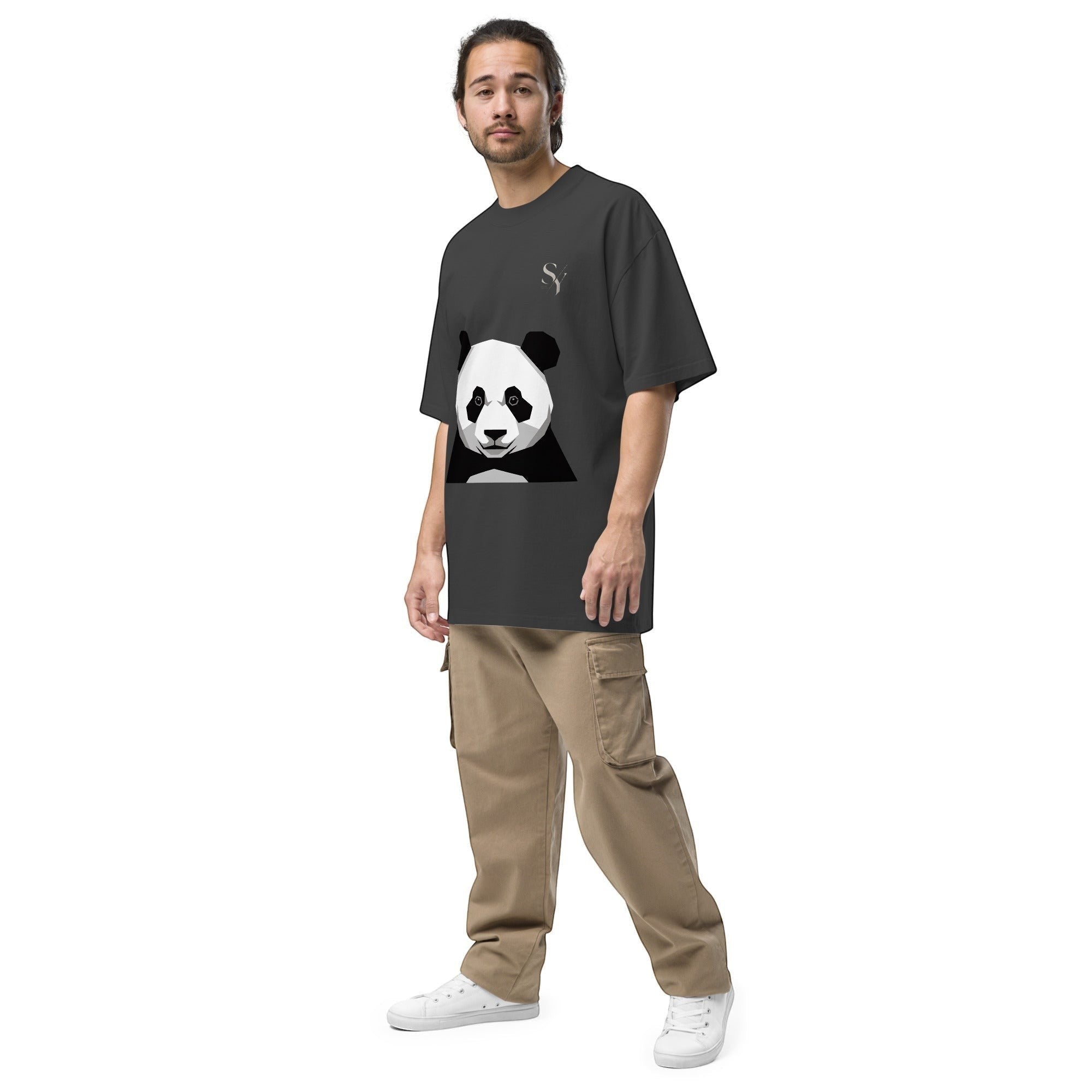 Stylio oversized dark grey t-shirt with a graphic panda print and a subtle 'S' logo. Made from 100% cotton.