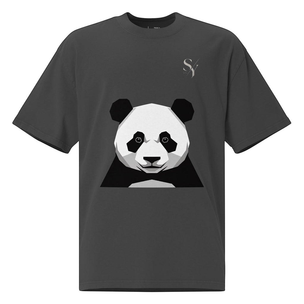 Stylio oversized faded charcoal t-shirt with a graphic panda face print and a subtle logo.