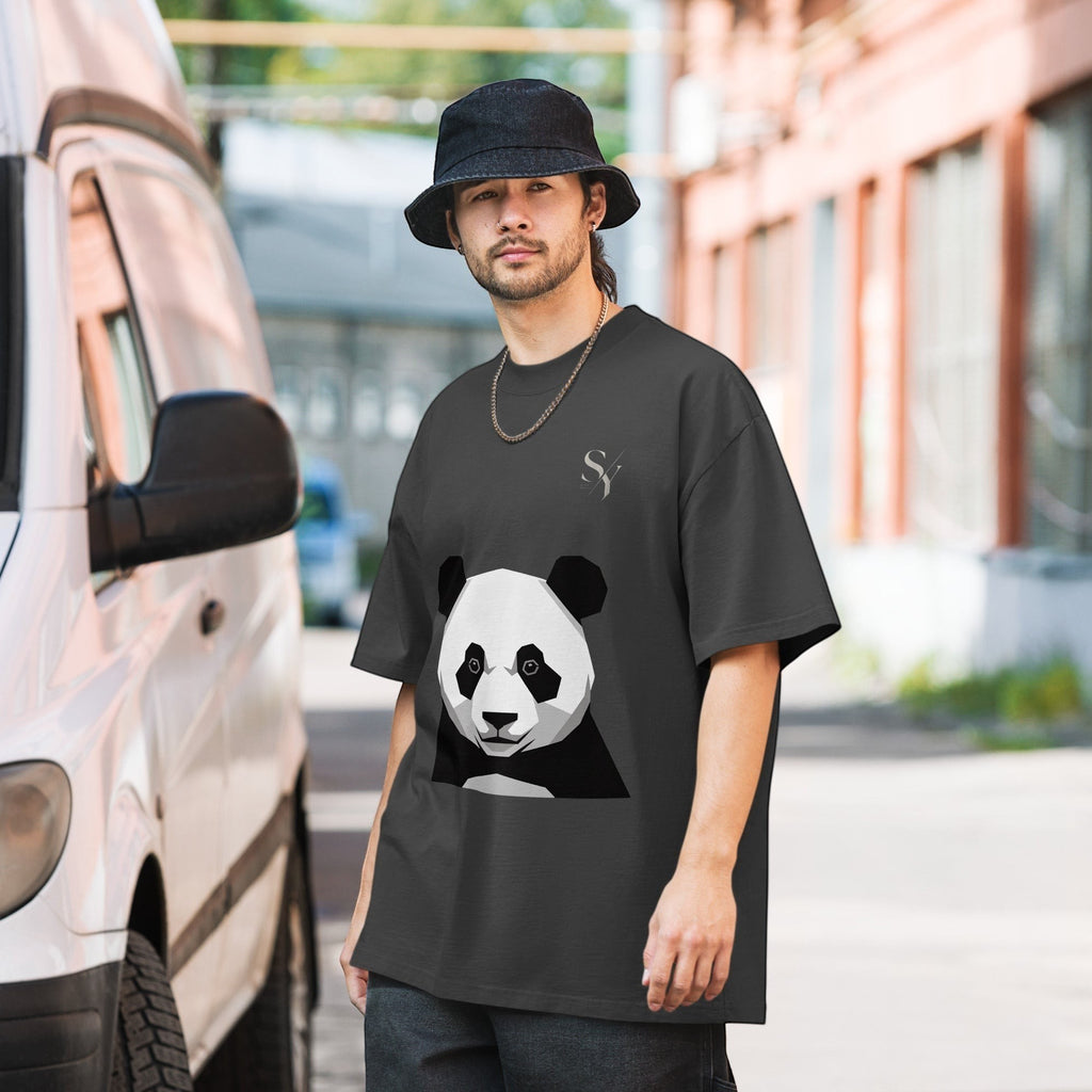 Stylio oversized dark grey t-shirt with a graphic panda face print and a small logo on the chest. Made of 100% cotton.