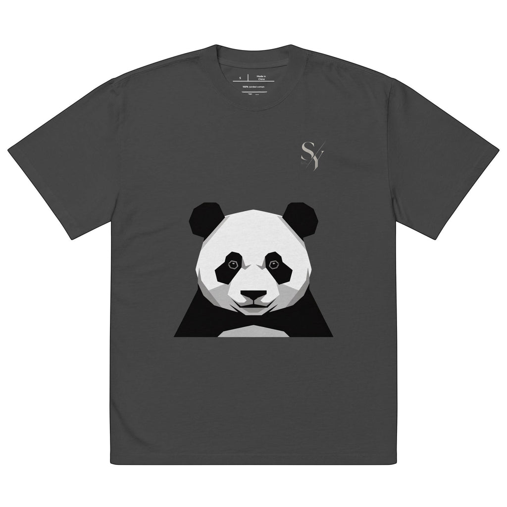 Stylio oversized faded charcoal t-shirt with a geometric panda graphic and wide neck ribbing. 100% cotton.