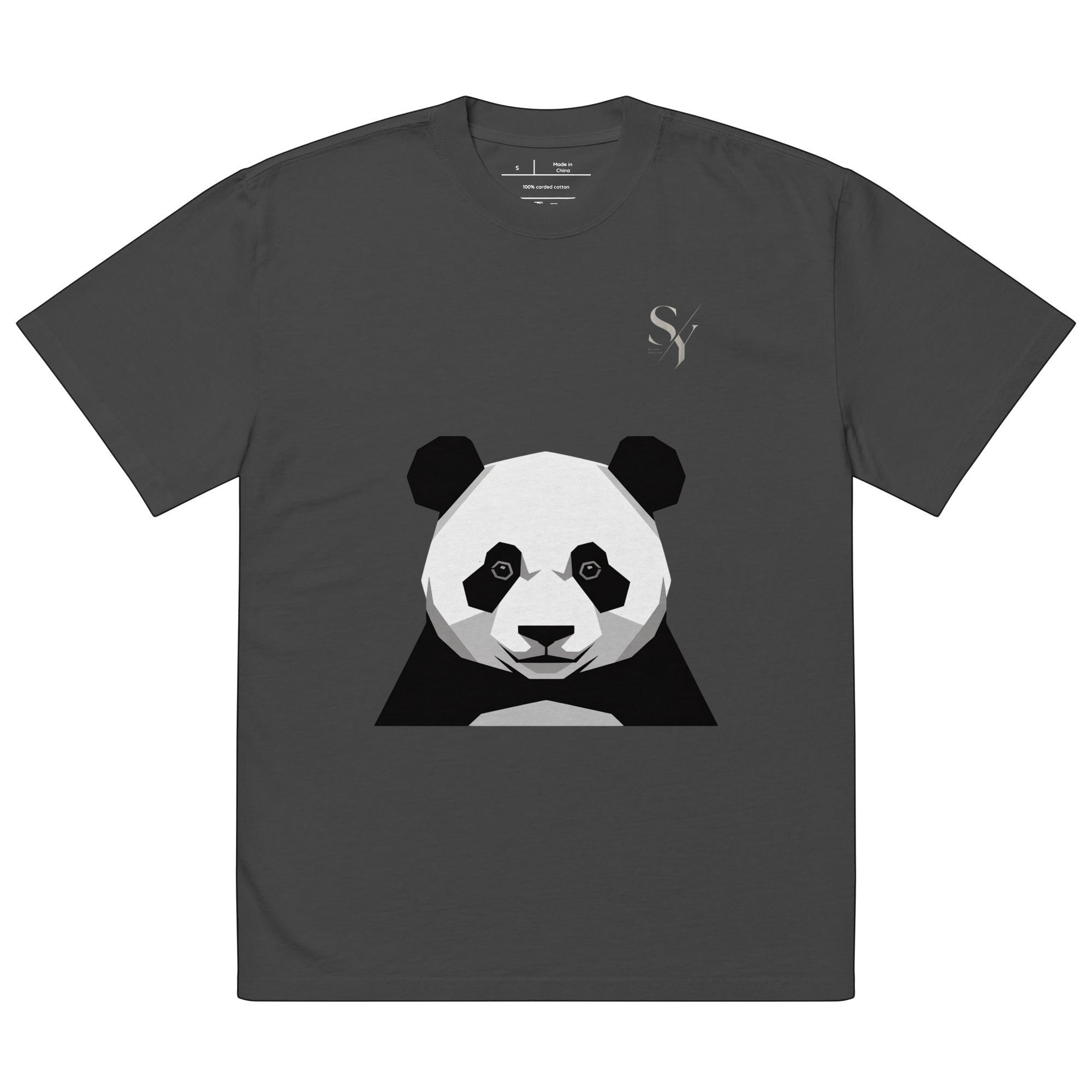 Stylio oversized faded charcoal t-shirt with a geometric panda graphic and wide neck ribbing. 100% cotton.