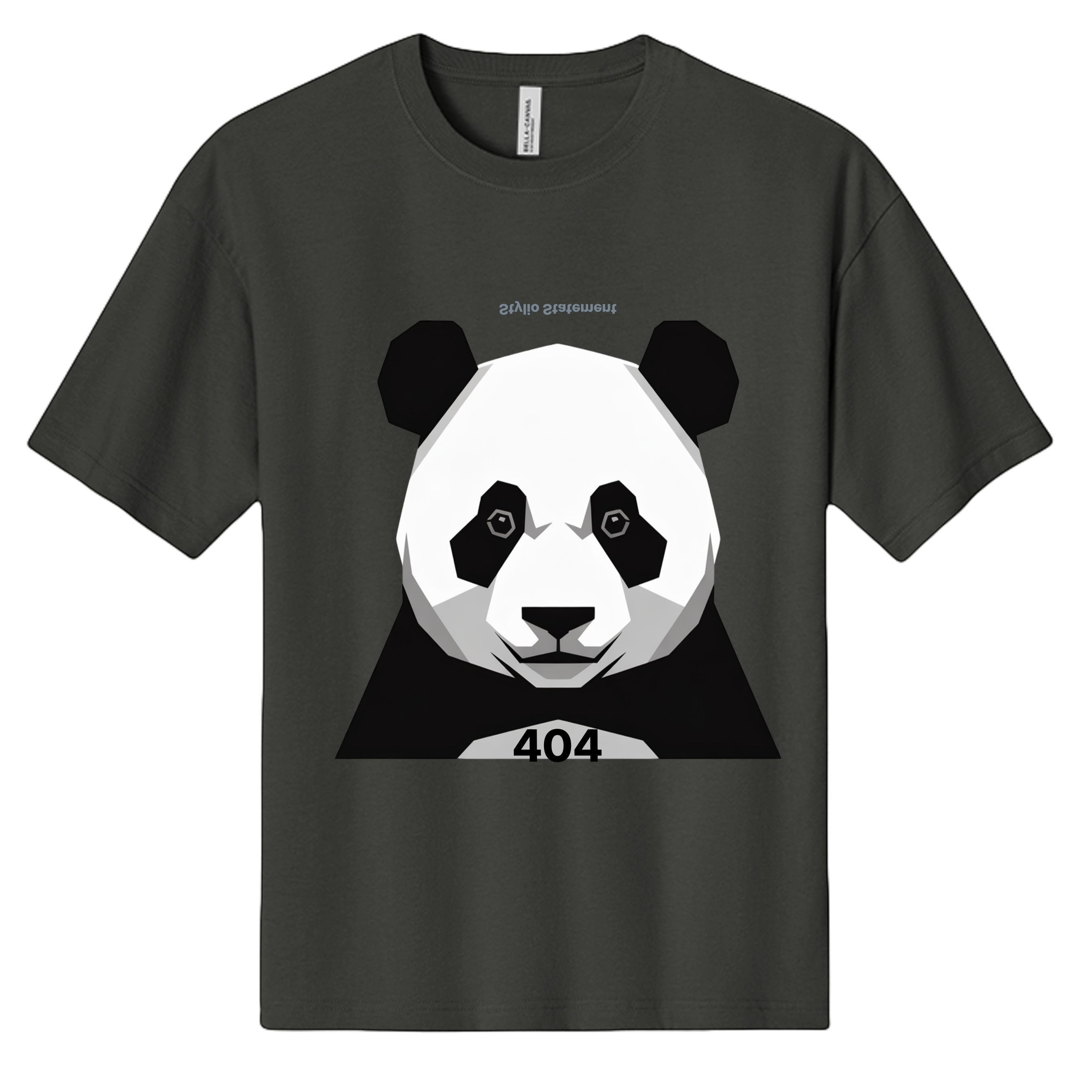 Stylio dark grey 100% cotton heavyweight t-shirt with a geometric panda graphic and "404" text.