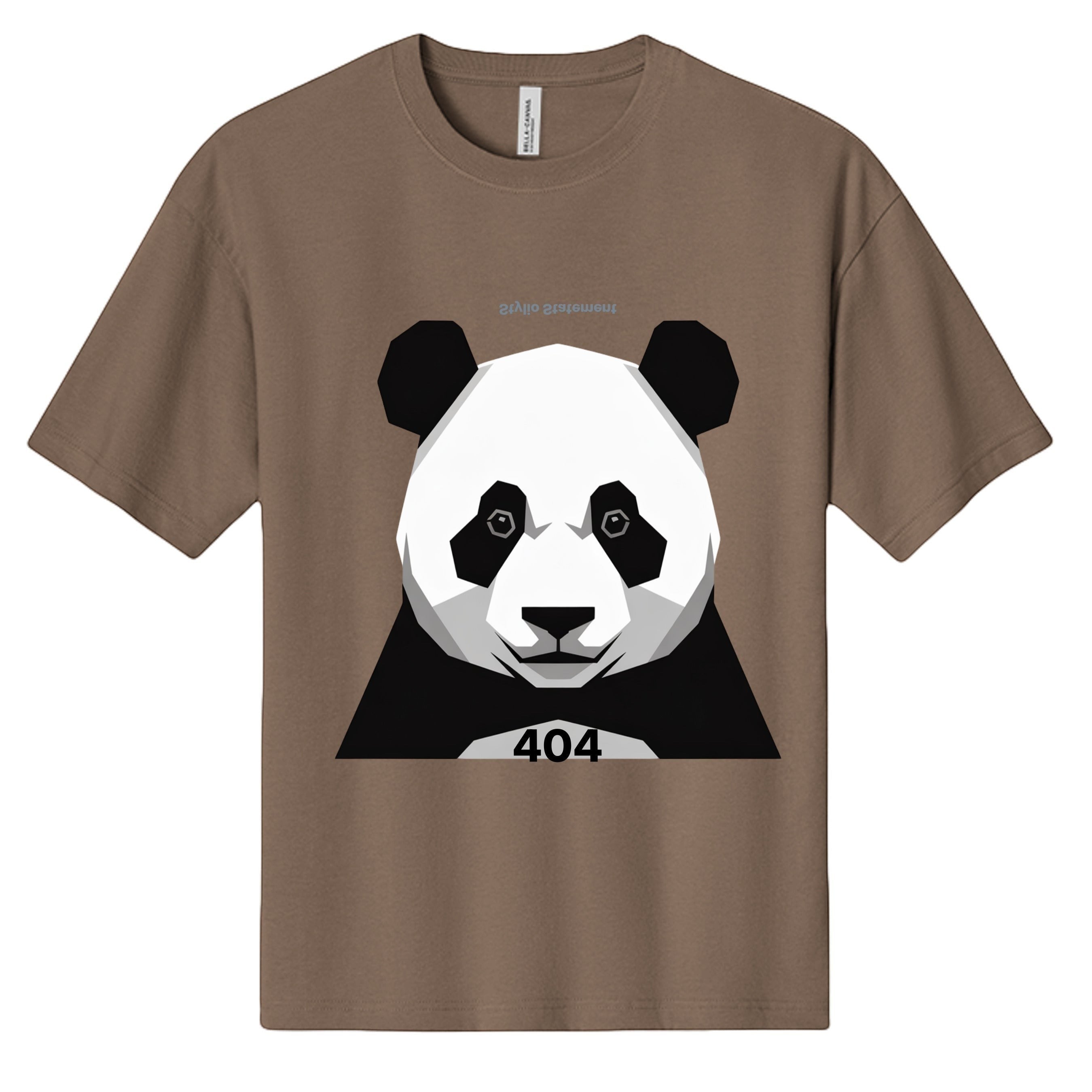 Stylio brown 100% cotton heavyweight t-shirt with a geometric panda graphic and "404" text.
