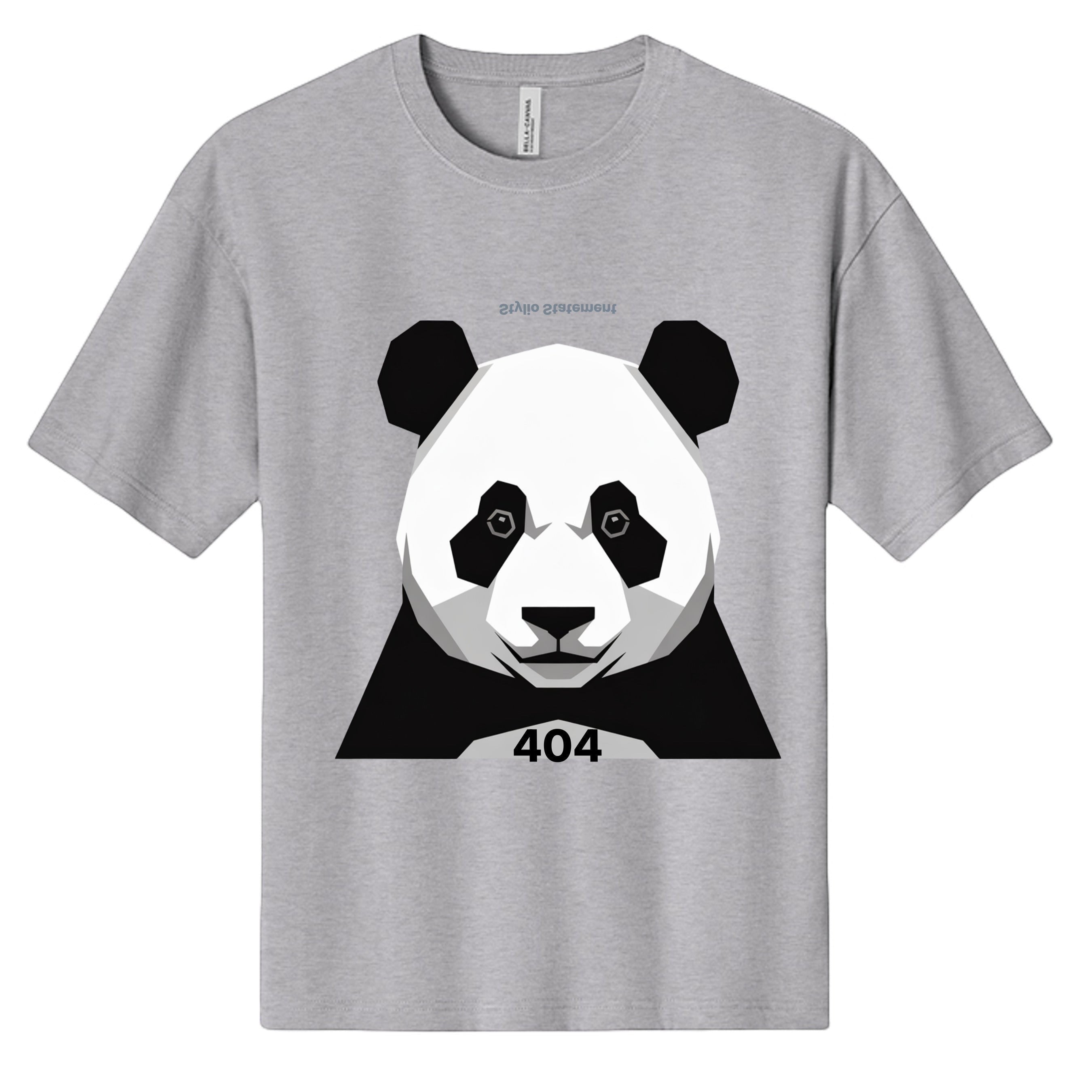 Stylio grey 100% cotton heavyweight t-shirt with a geometric panda graphic and "404" text.