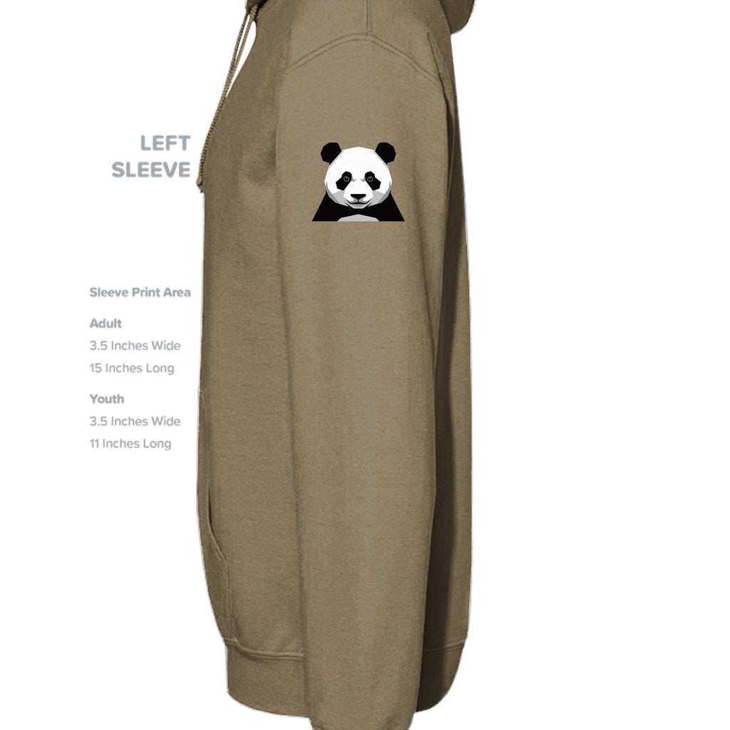 Stylio khaki brown NuBlend fleece hoodie with a small panda graphic on the left sleeve. Features a pouch pocket and drawstring hood.