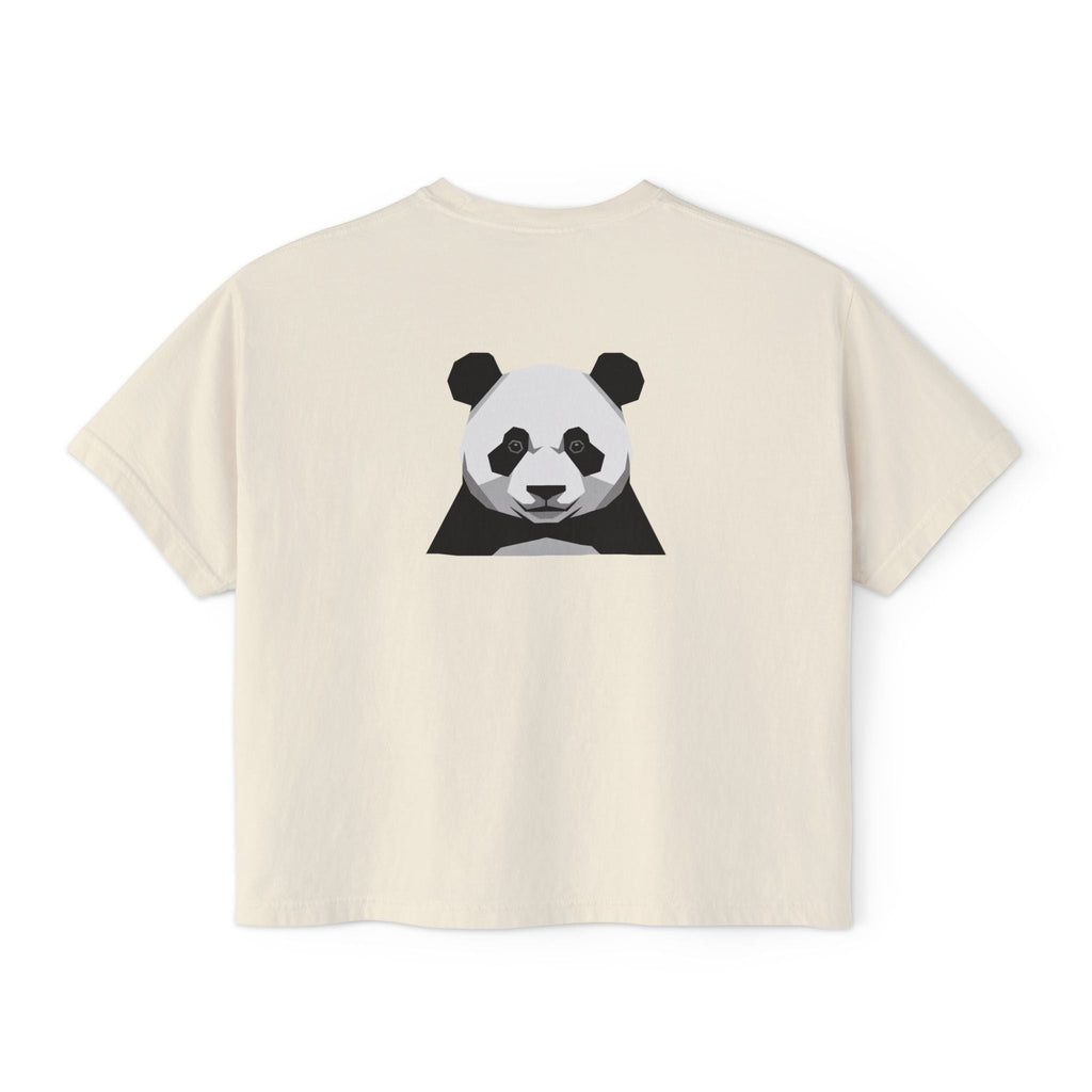 Stylio cream pigment-dyed cotton boxy tee with a minimalist graphic panda face on the back. Relaxed fit, cropped silhouette.
