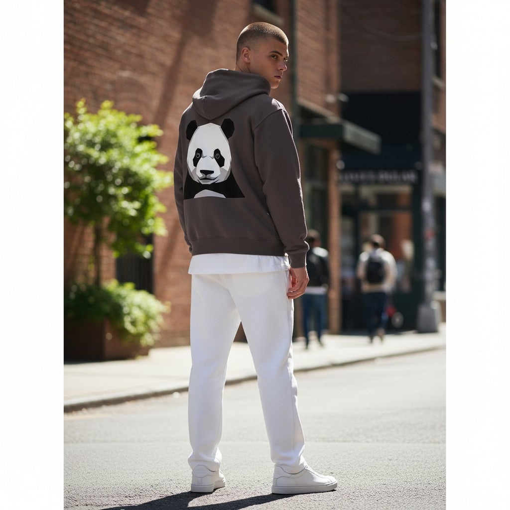 Stylio brown zip-up hoodie with a geometric panda graphic on the back. Made from 8 oz. NuBlend fleece.