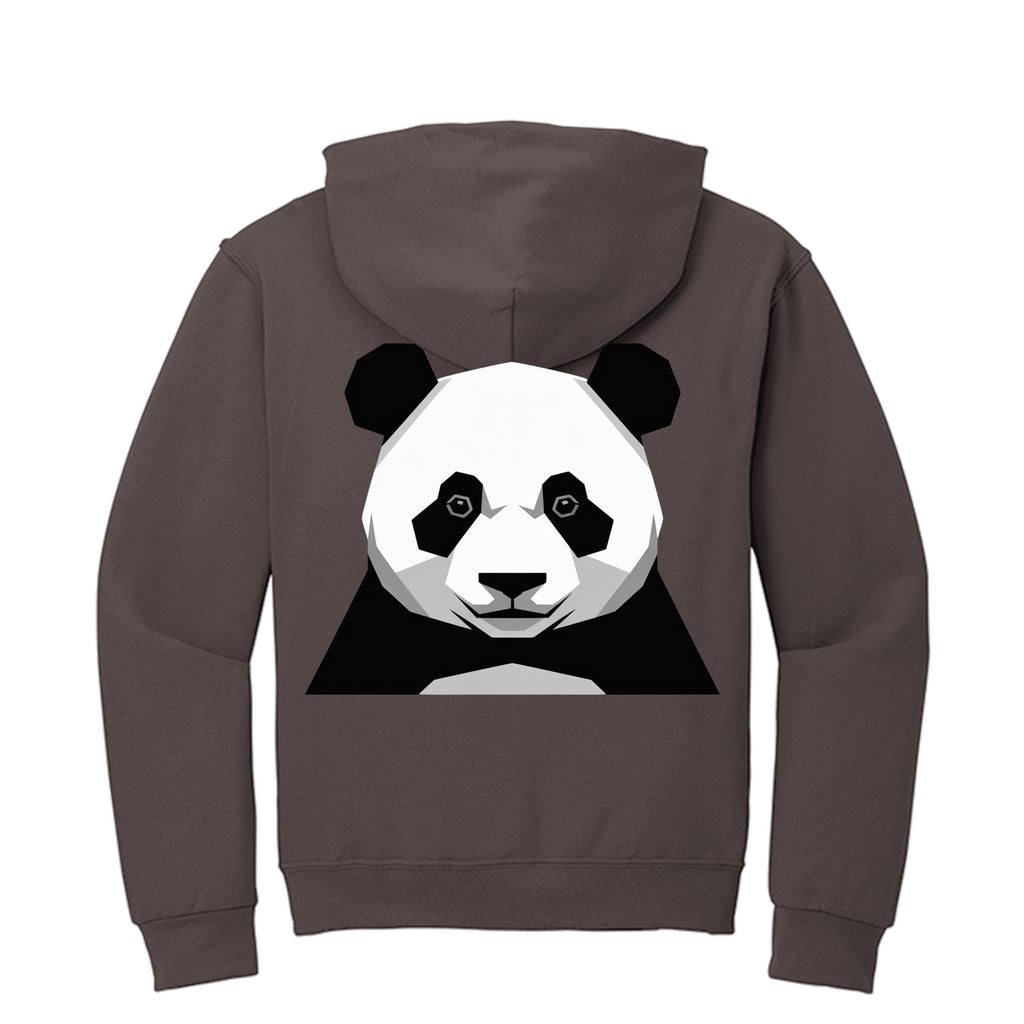 Stylio brown zip-up hoodie with a geometric panda graphic on the back. Made from 8 oz. NuBlend fleece.