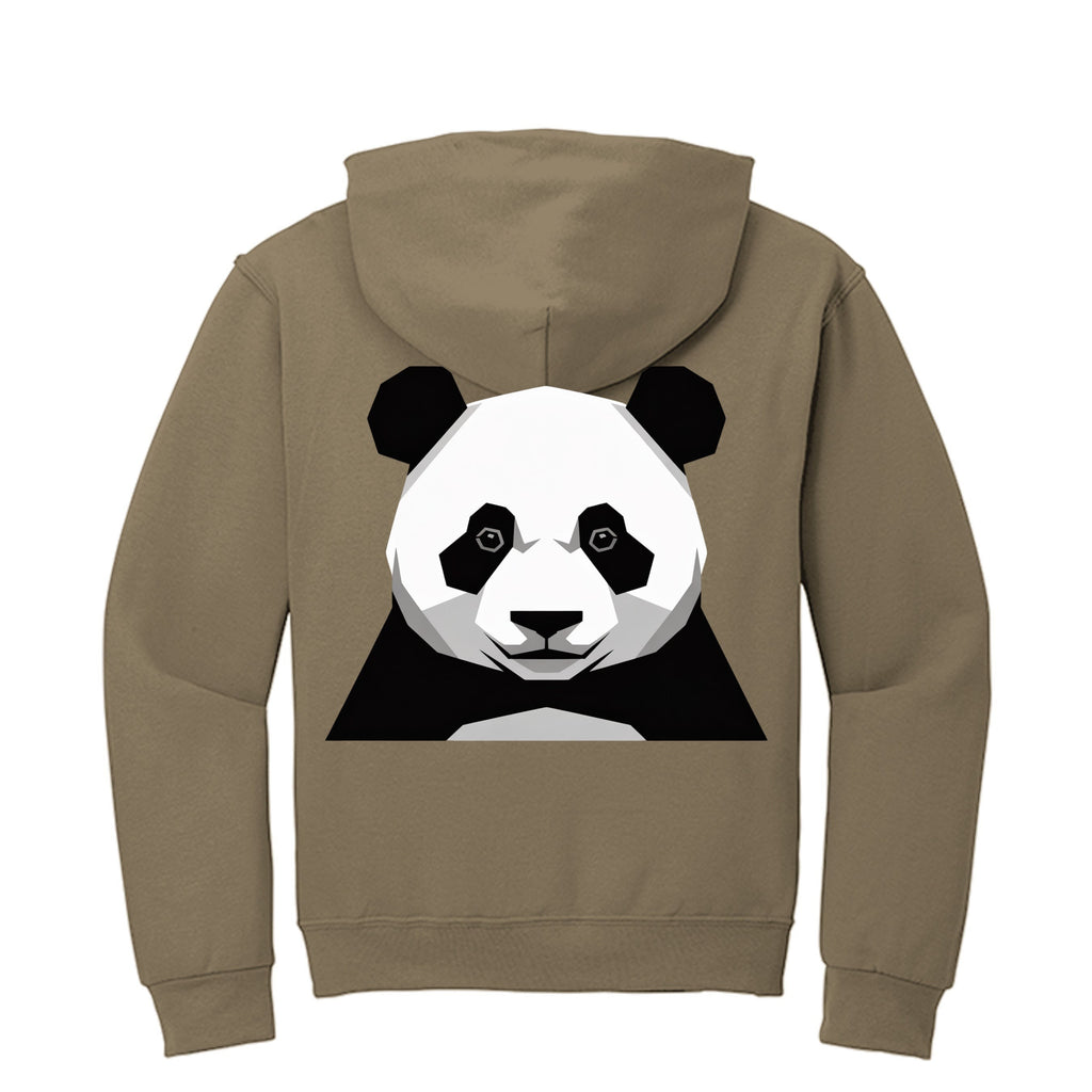 Stylio khaki brown zip-up hoodie with a geometric panda graphic on the back. Made from 8 oz. NuBlend fleece.