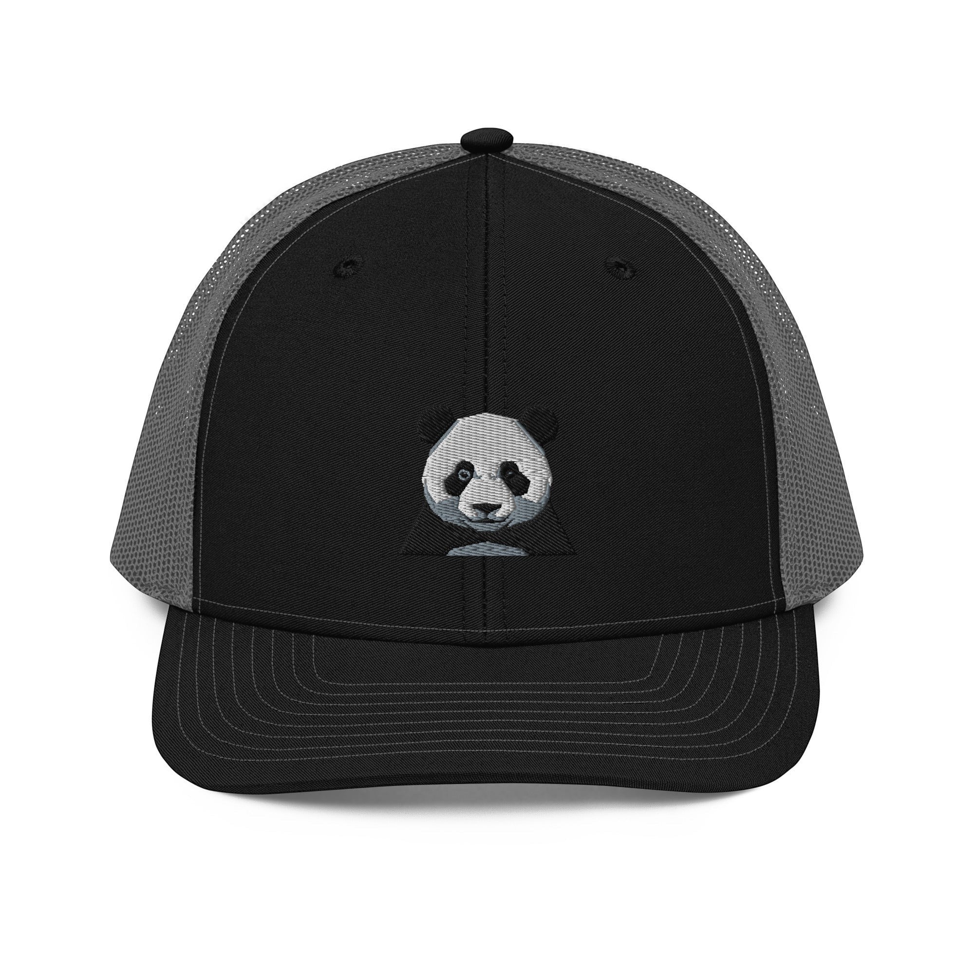 Stylio black trucker cap with grey mesh back and embroidered panda face on front panel. Adjustable snapback closure.