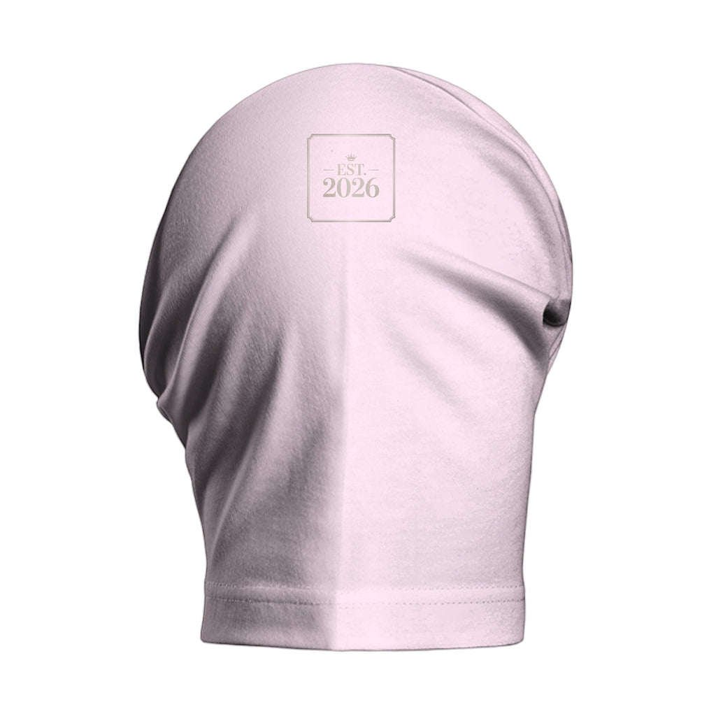 Stylio light pink heavyweight cotton t-shirt with dropped shoulders and a small "EST. 2026" logo on the upper back.