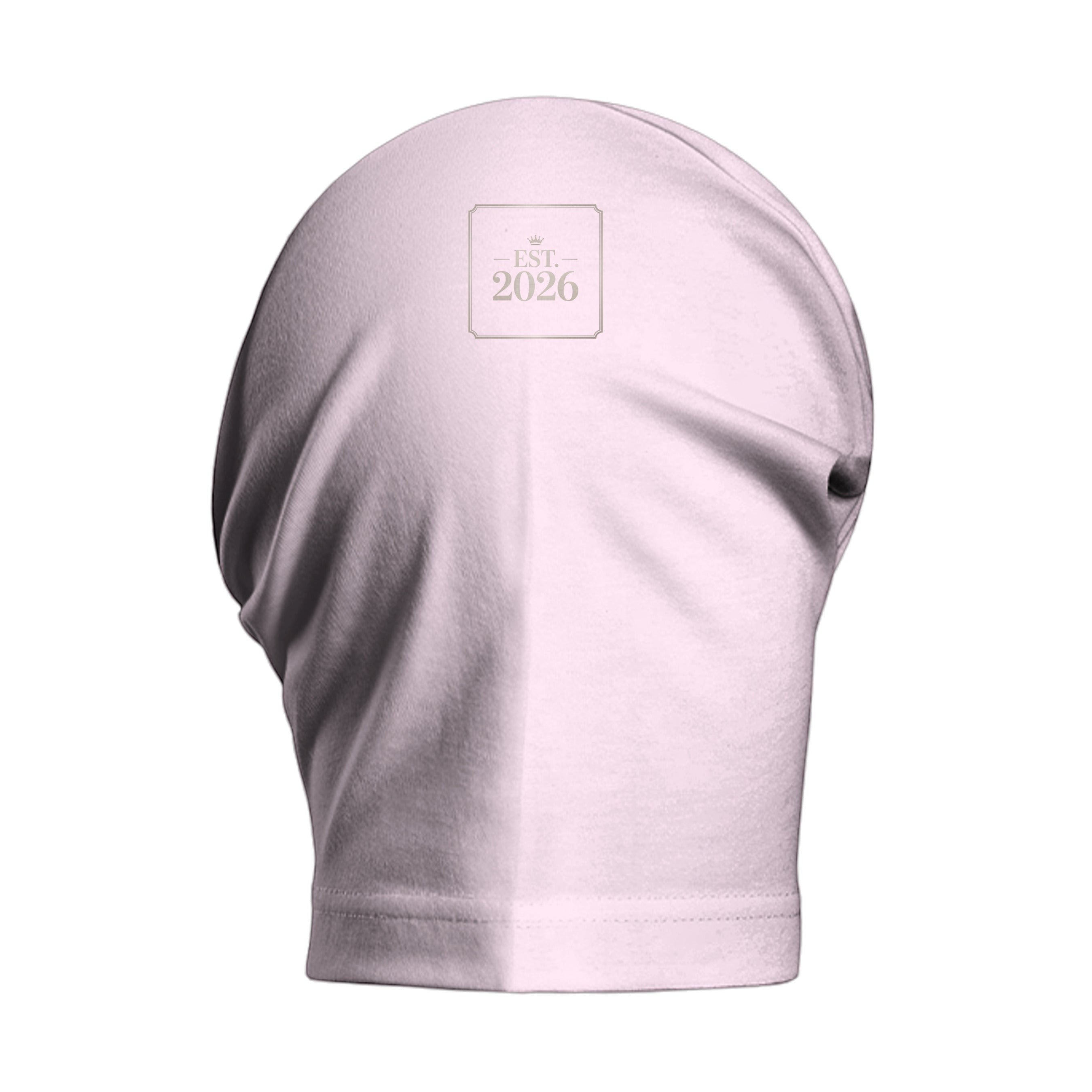 Stylio light pink heavyweight cotton t-shirt with dropped shoulders and a small "EST. 2026" logo on the upper back.