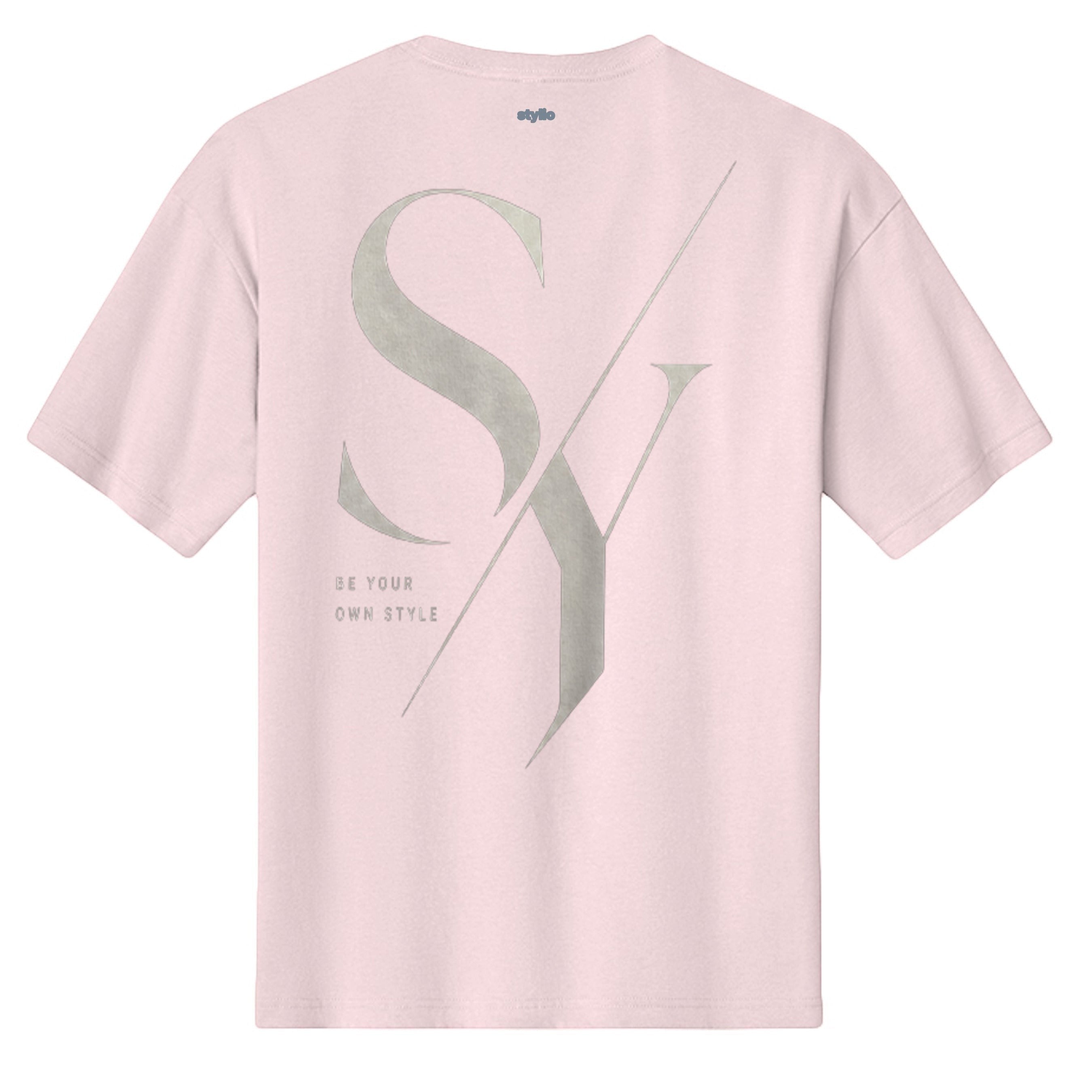 Stylio light pink 100% cotton heavyweight streetwear t-shirt with large grey 'SY' graphic and 'BE YOUR OWN STYLE' text.