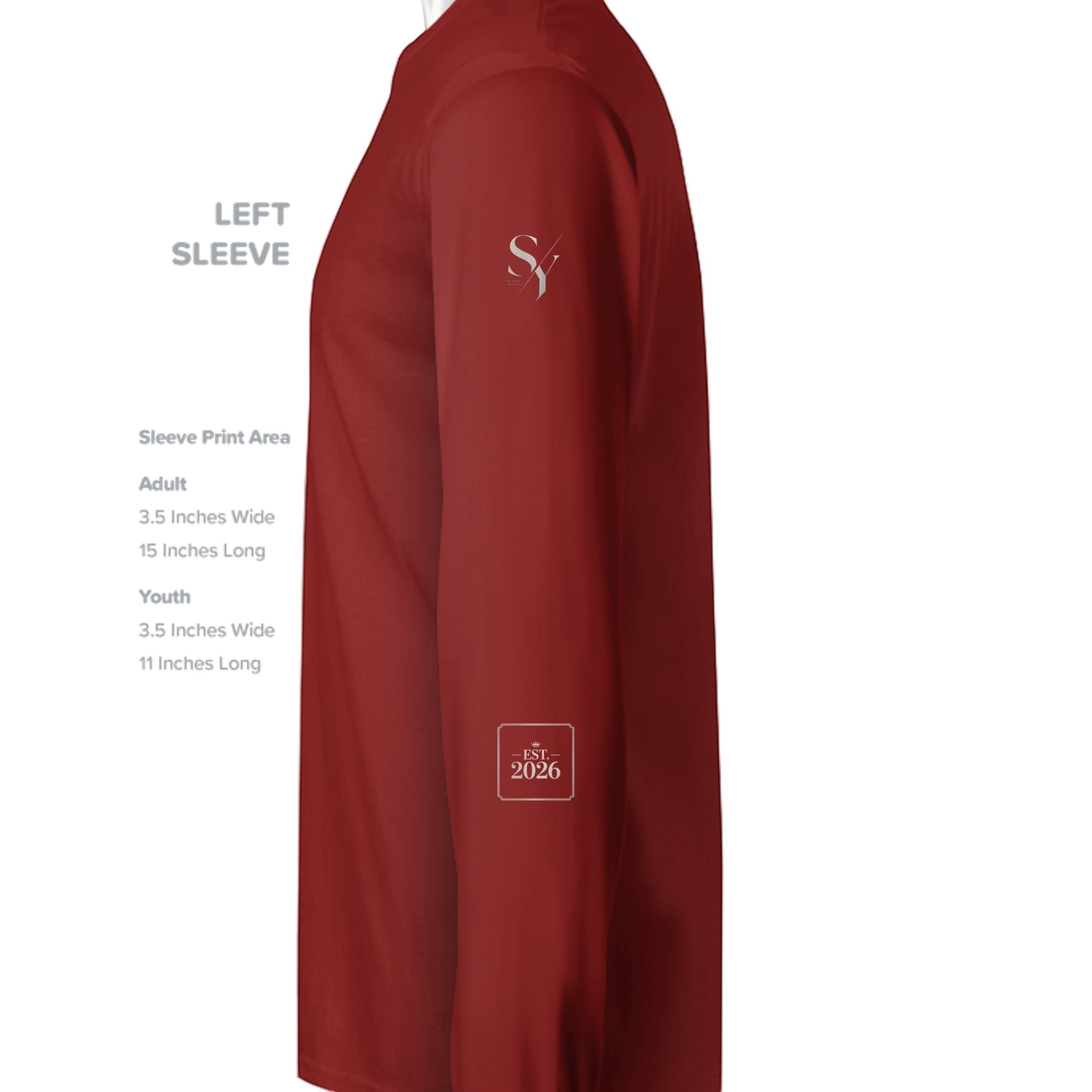 Stylio dark red 100% cotton long-sleeve t-shirt with ribbed cuffs and crew neck. Features a small logo on the left sleeve.