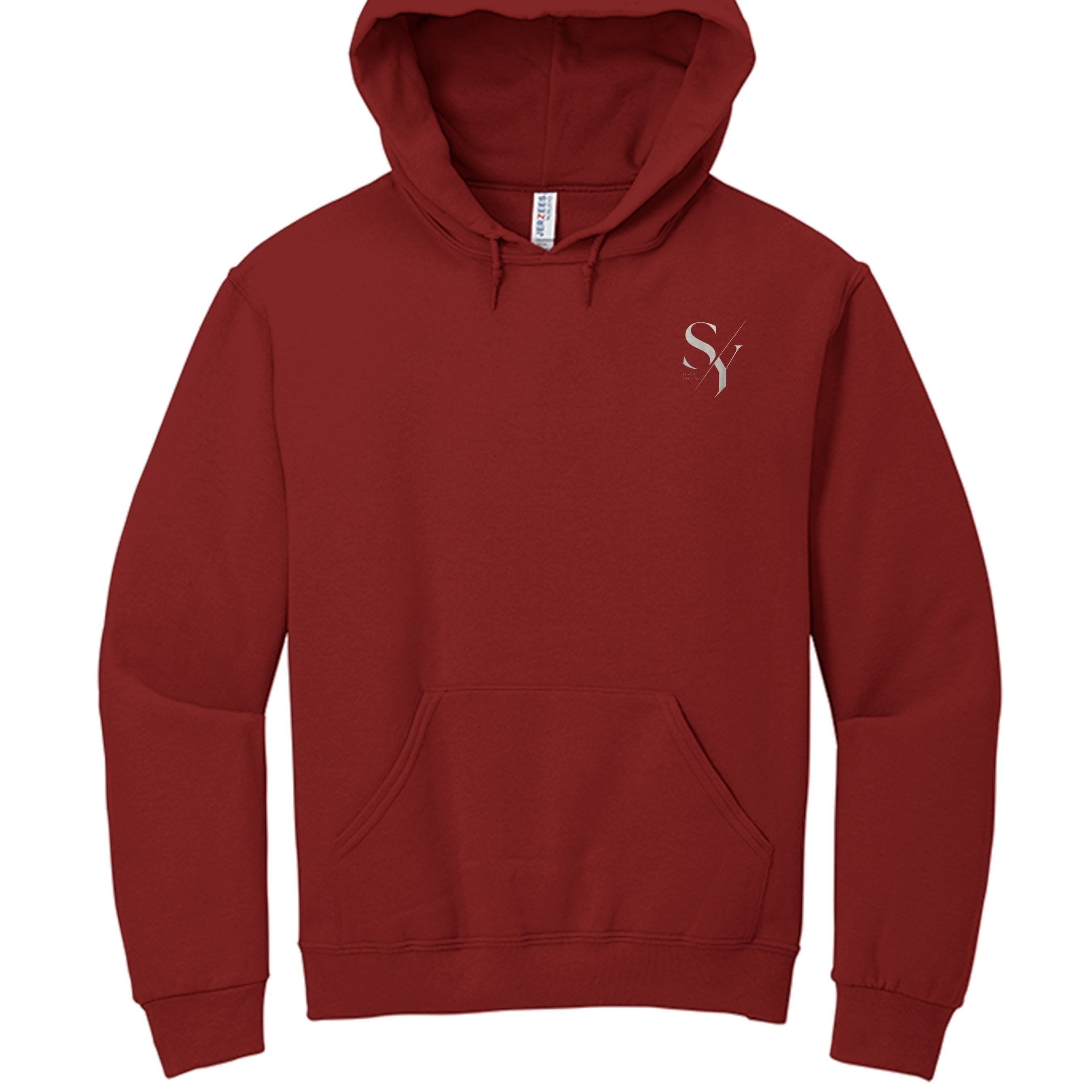 Stylio SY Monogram Hoodie in red, made from 8 oz. NuBlend fleece with a pouch pocket and double-ply hood.