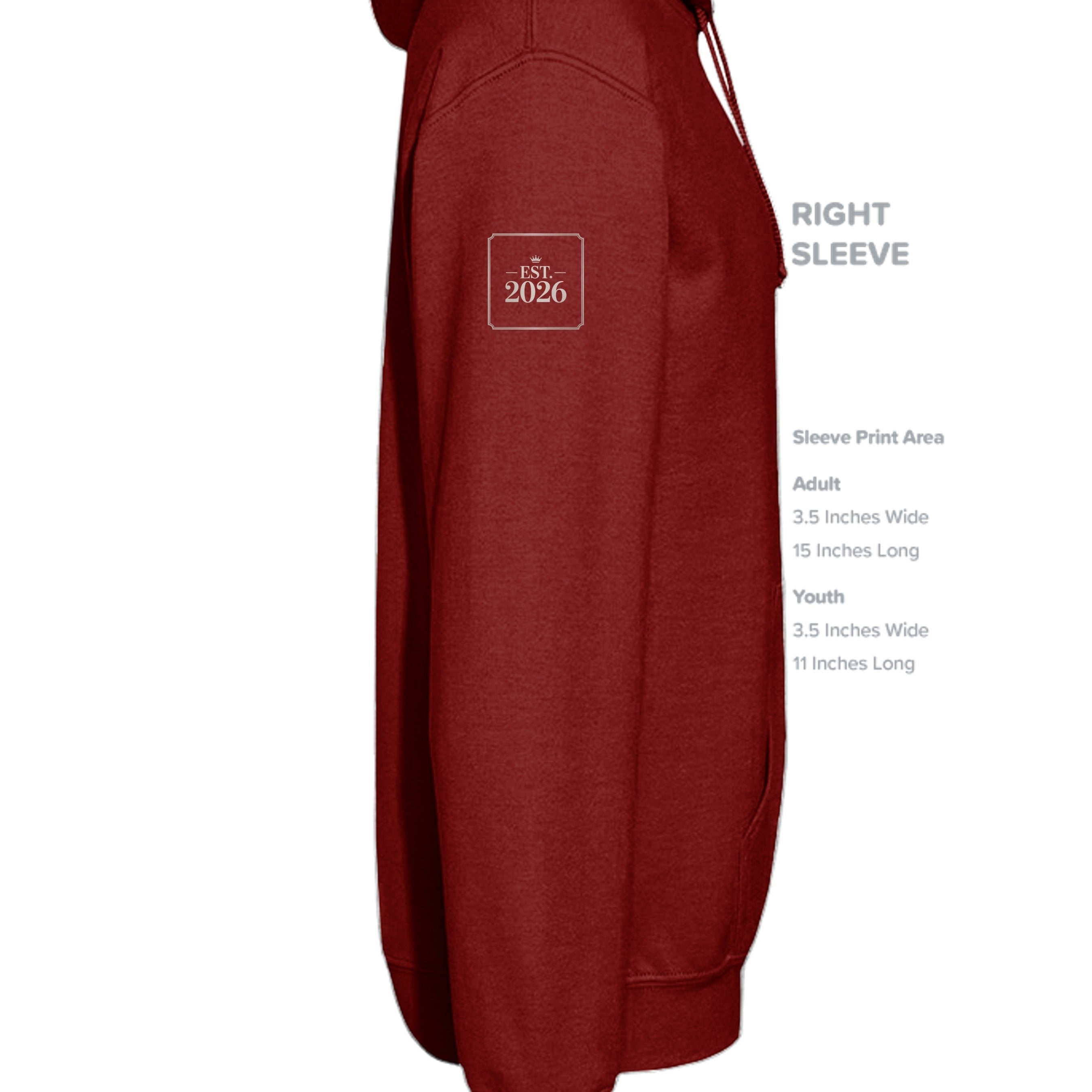 Stylio SY Monogram Hoodie in dark red, made from 8 oz. NuBlend fleece with a small embroidered logo on the sleeve.