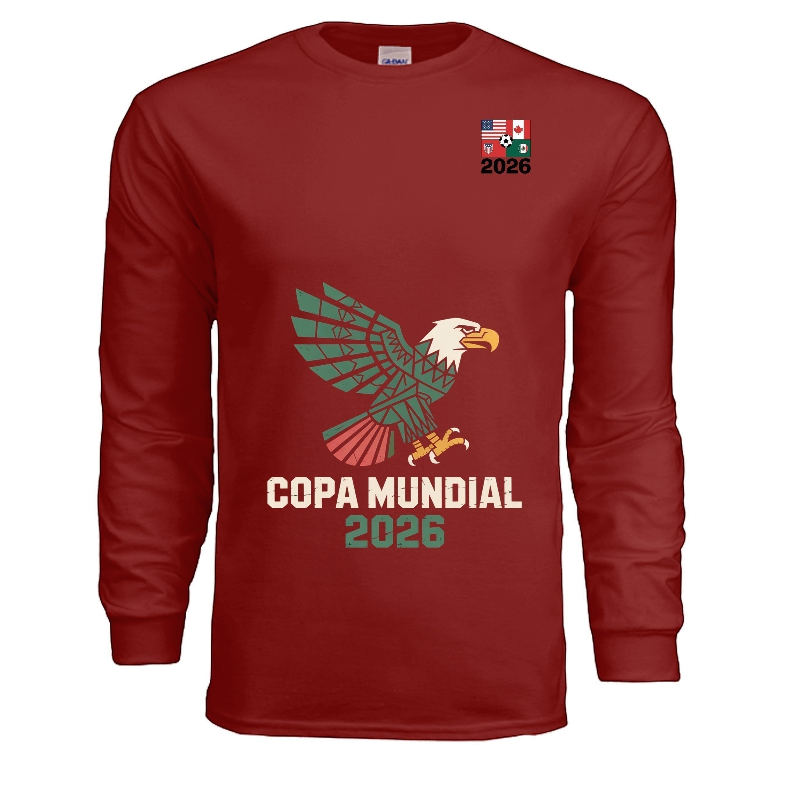 Stylio red 100% cotton long-sleeve t-shirt with a graphic of an eagle and "COPA MUNDIAL 2026" text. Features flags of USA, Canada, and Mexico.