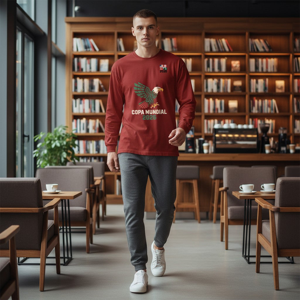 Stylio red 100% cotton long-sleeve t-shirt with an eagle graphic and "COPA MUNDIAL 2026" text.
