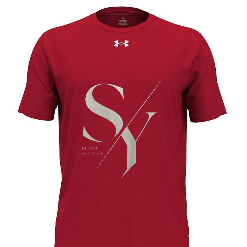 Stylio x Under Armour red short-sleeve tee with large silver 'SY' graphic and 'Be Your Own Style' text. Made from 100% recycled polyester.