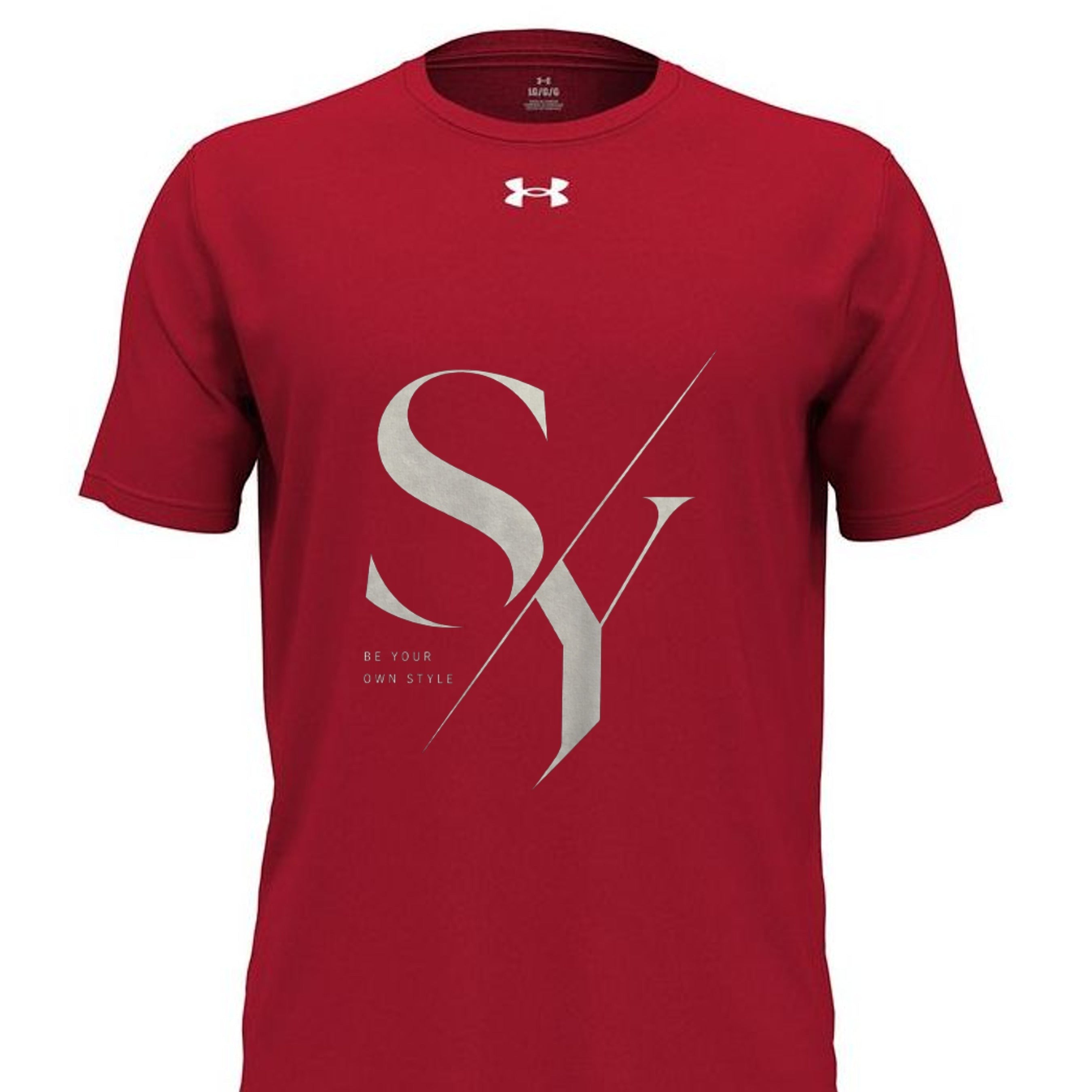 Stylio x Under Armour red short-sleeve tee with large silver 'SY' graphic and 'Be Your Own Style' text. Made from 100% recycled polyester.