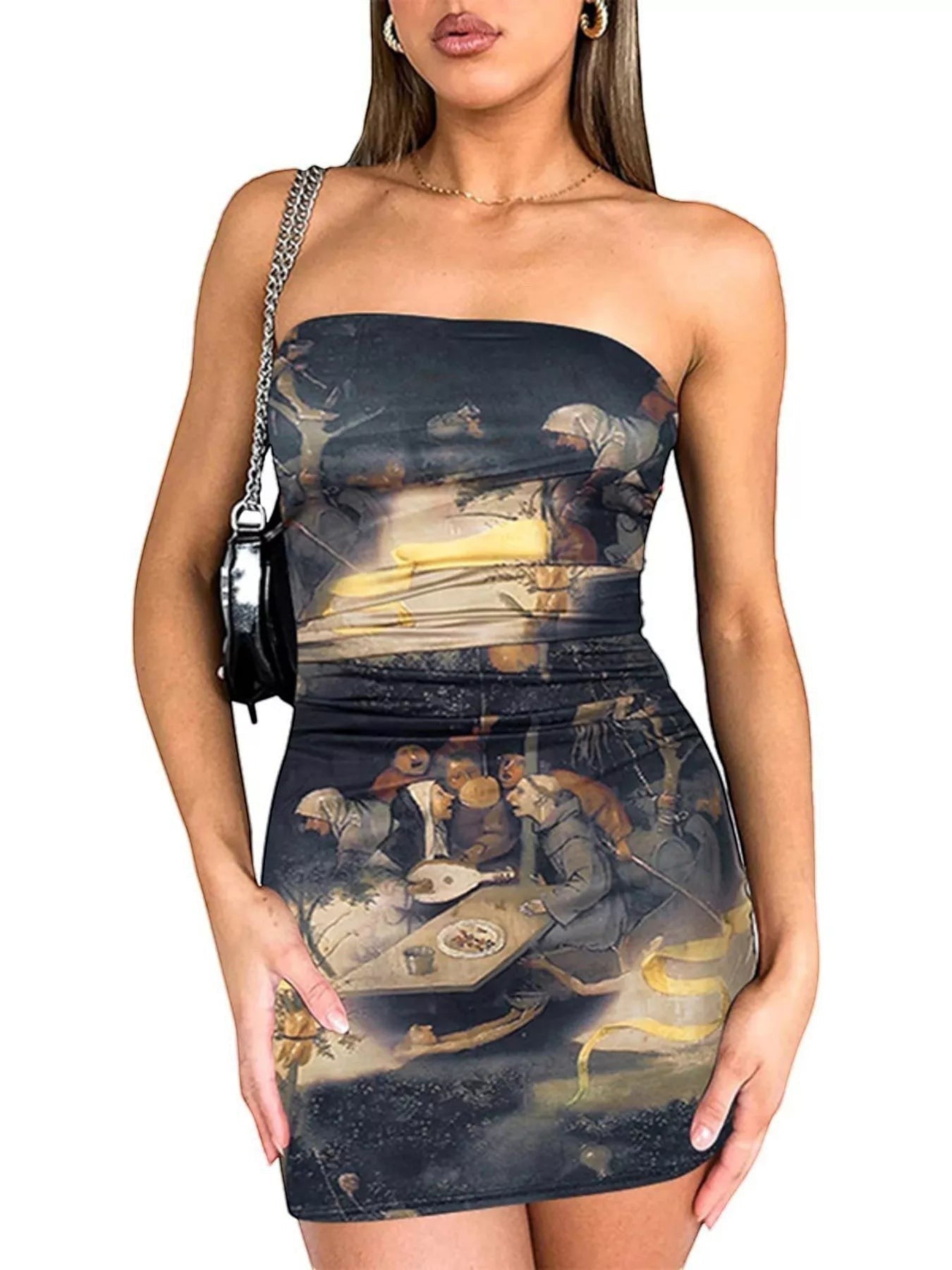 Stylio women's strapless bodycon mini dress with a Renaissance painting print and ruched detailing.