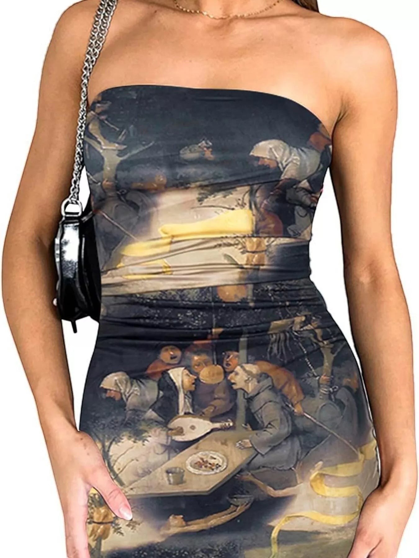 Stylio women's strapless bodycon mini dress with a Renaissance painting print and ruched detailing.