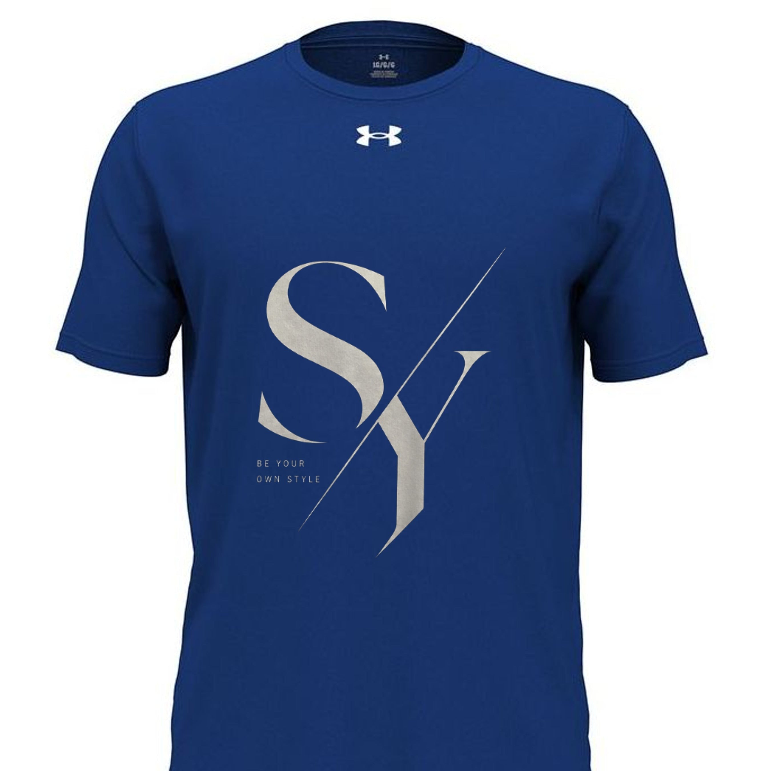 Stylio x Under Armour royal blue short-sleeve tee with large silver 'SY' graphic and 'BE YOUR OWN STYLE' text.