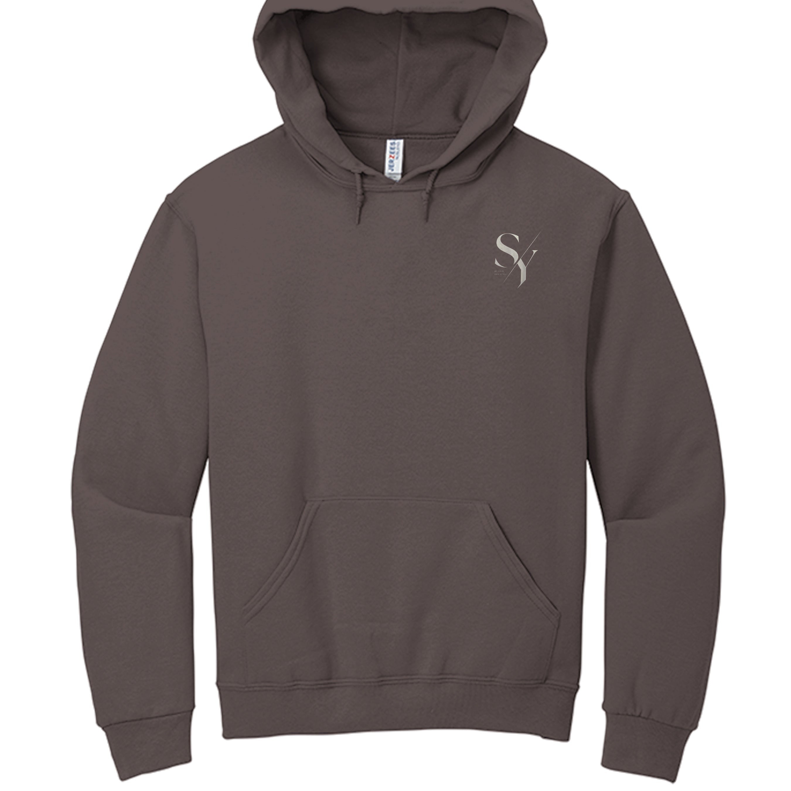 Stylio SY Monogram Hoodie in Safari brown, made from 8 oz. NuBlend fleece with a pouch pocket and double-ply hood.