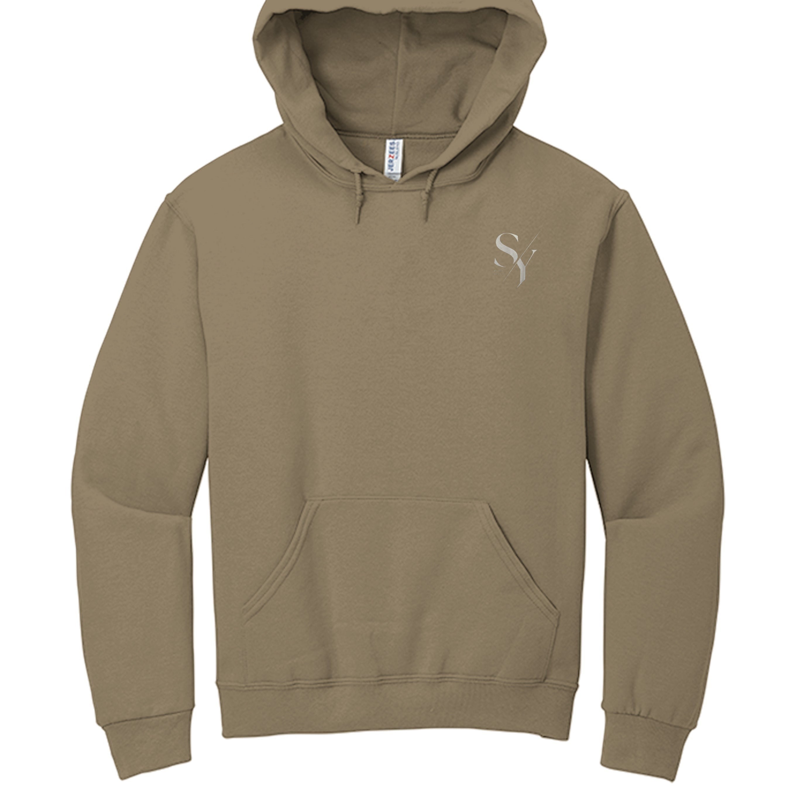 Stylio Safari brown cotton-polyester blend hoodie with a small silver SY logo on the chest and a front pouch pocket.