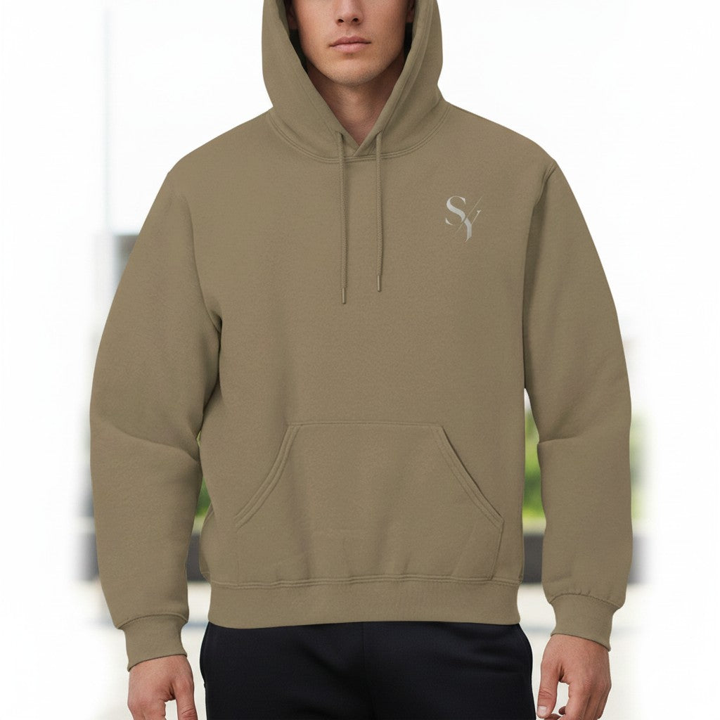 Stylio Safari brown cotton-polyester blend hoodie with grey SY monogram logo and pouch pocket.