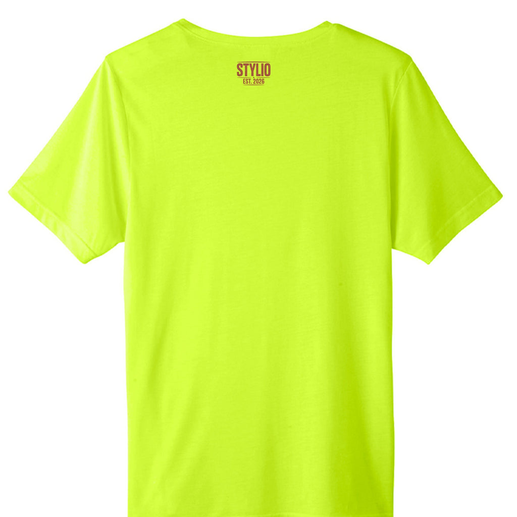 Stylio men's tall performance t-shirt in safety yellow. Moisture-wicking polyester jersey with a crew neck and short sleeves.