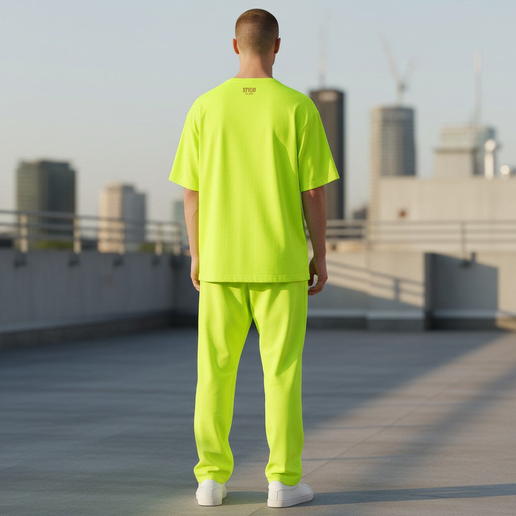Stylio men's tall performance t-shirt in safety yellow. Moisture-wicking polyester jersey with a crew neck and short sleeves.