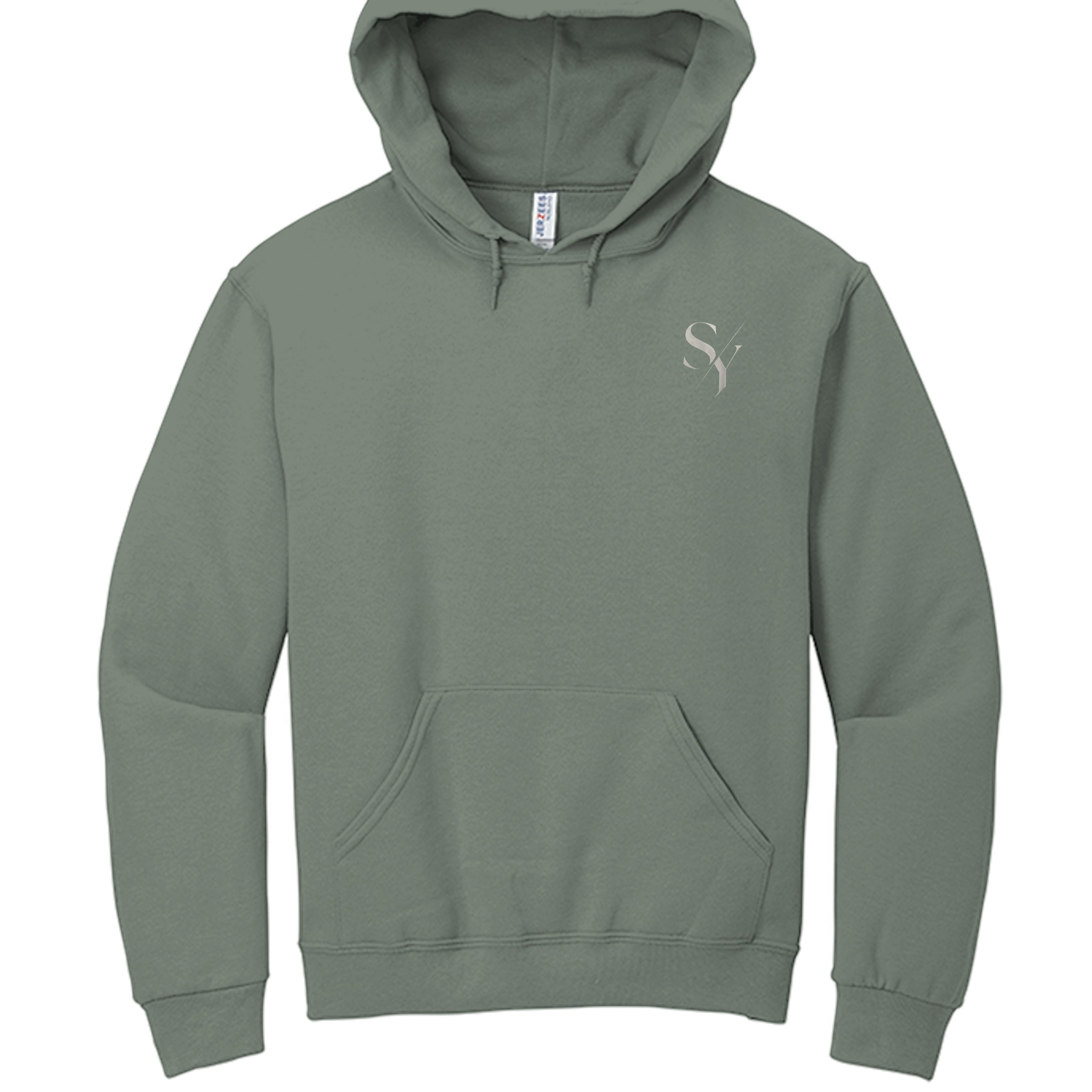 Stylio sage green cotton-polyester blend hoodie with SY monogram logo on chest and front pouch pocket.