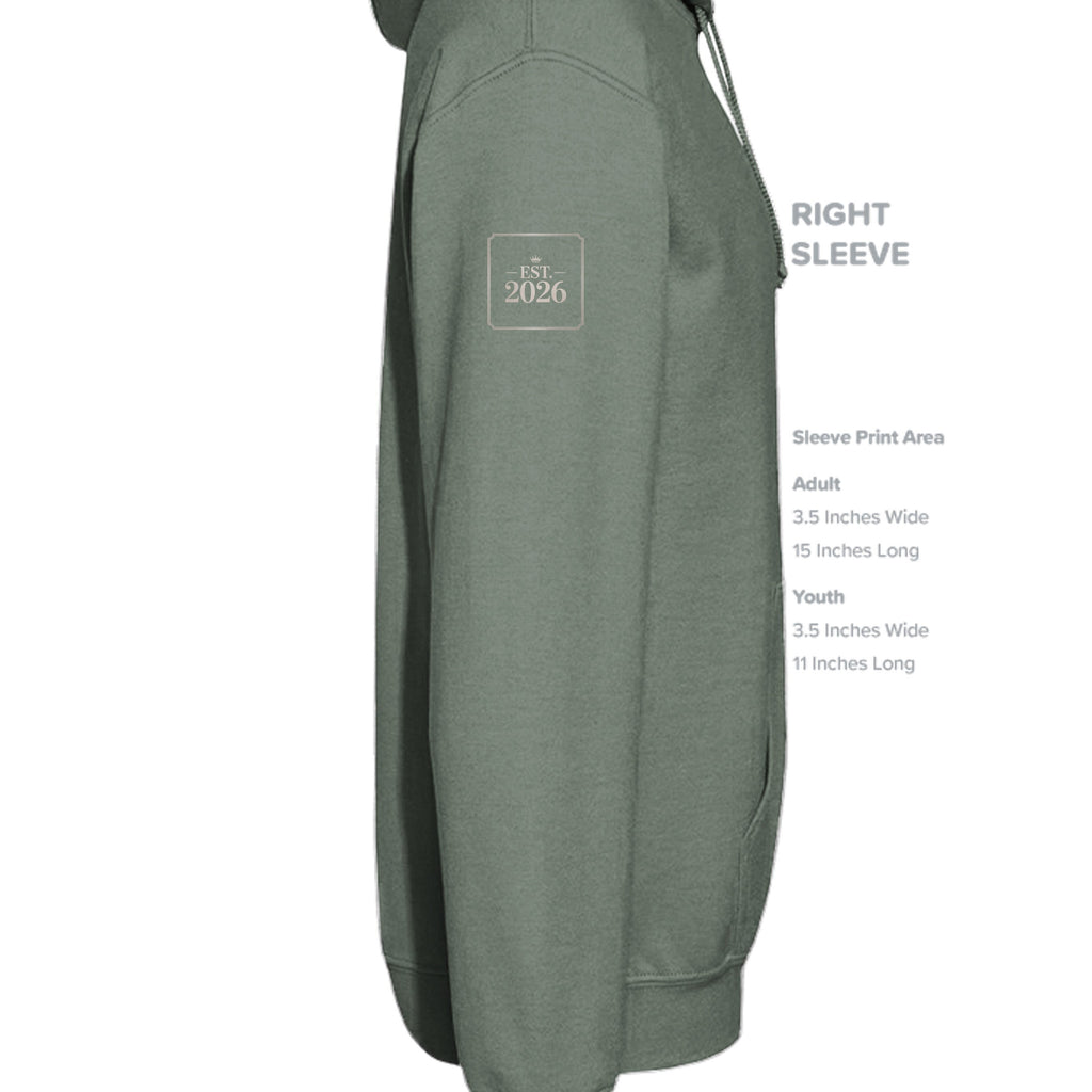 Stylio sage green cotton-polyester blend hoodie with "EST. 2026" logo on the left sleeve.