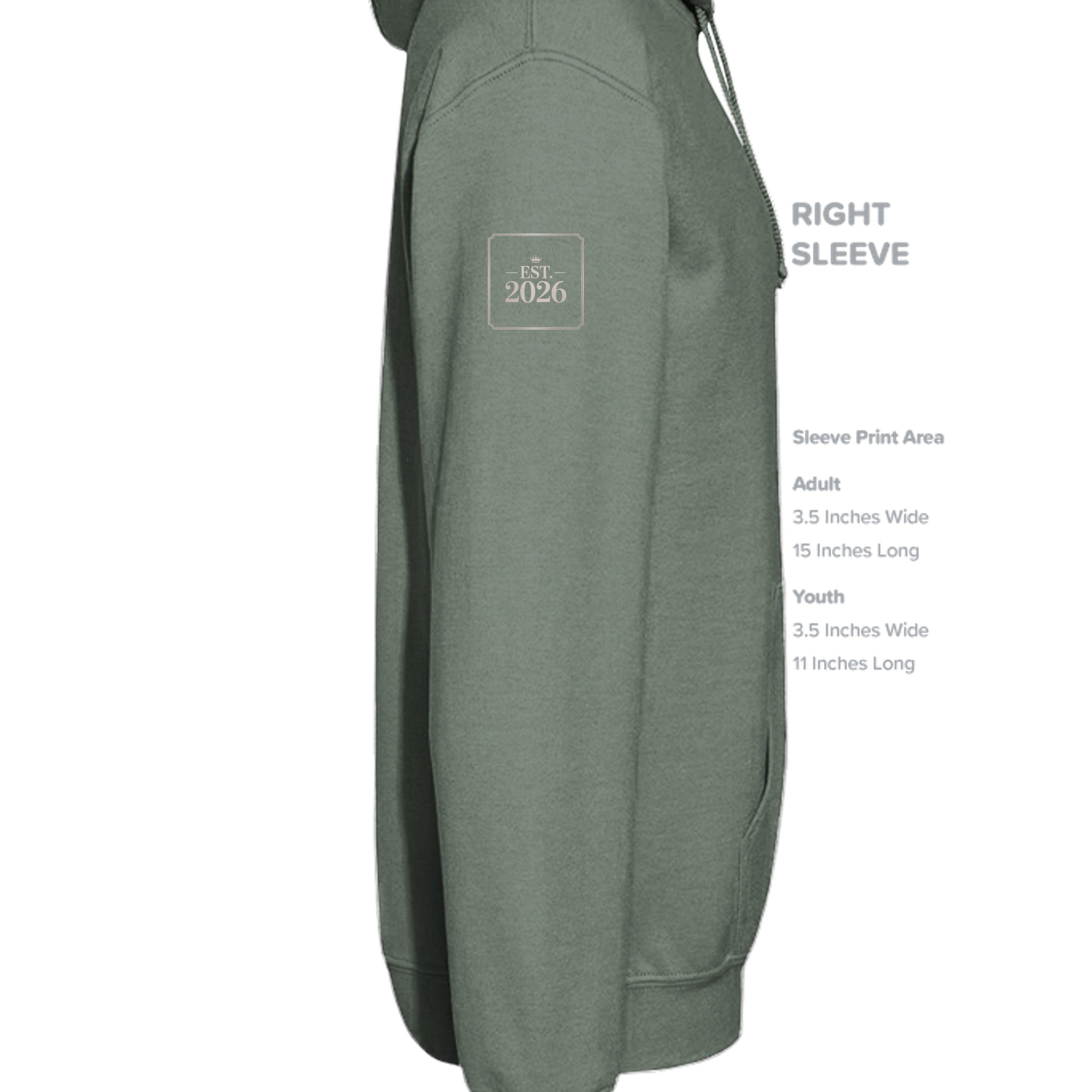 Stylio sage green cotton-polyester blend hoodie with "EST. 2026" logo on the left sleeve.