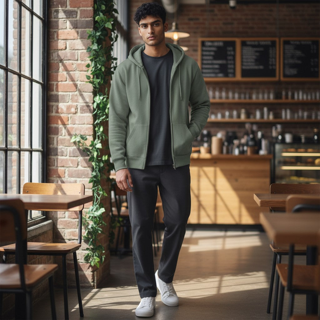 Stylio sage green cotton-blend hoodie with a minimalist panda graphic on the back.