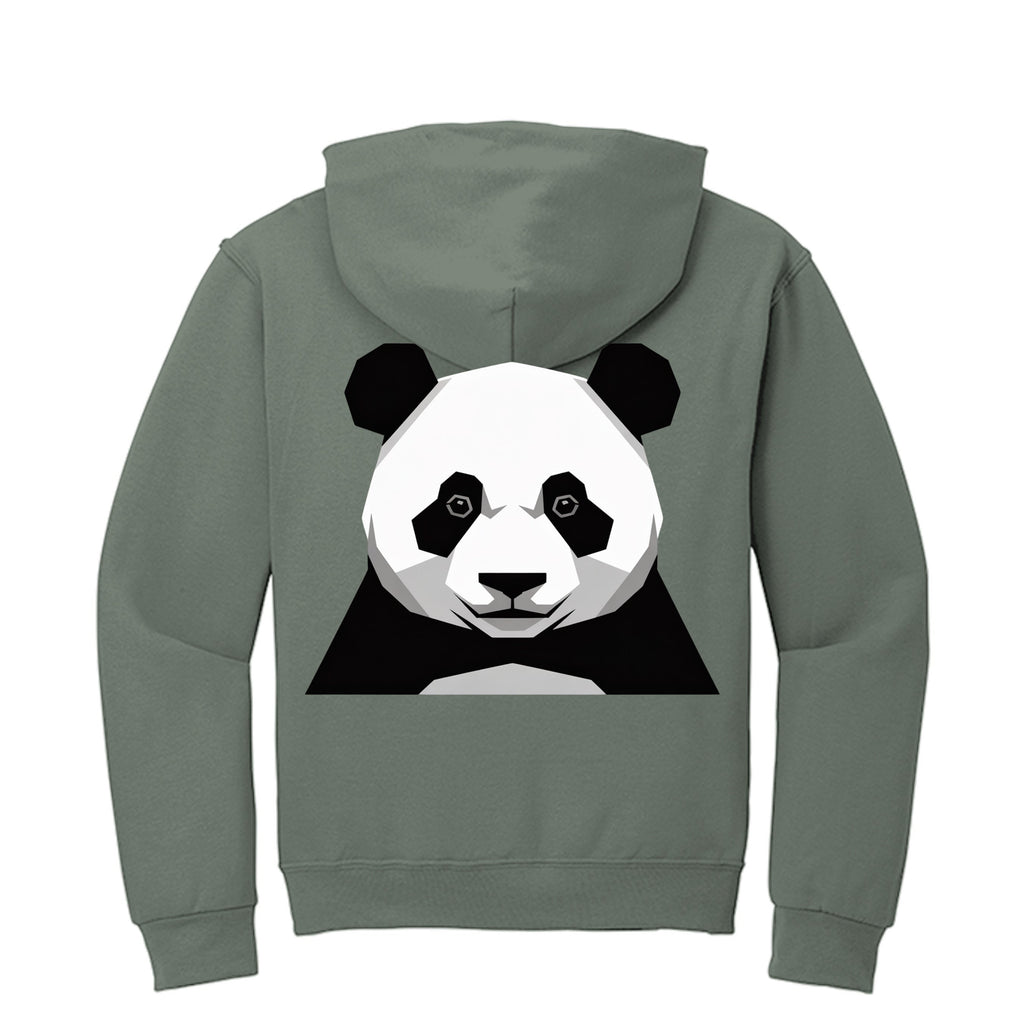Stylio sage green zip-up hoodie with a geometric panda graphic on the back. Made from 8 oz. NuBlend fleece.