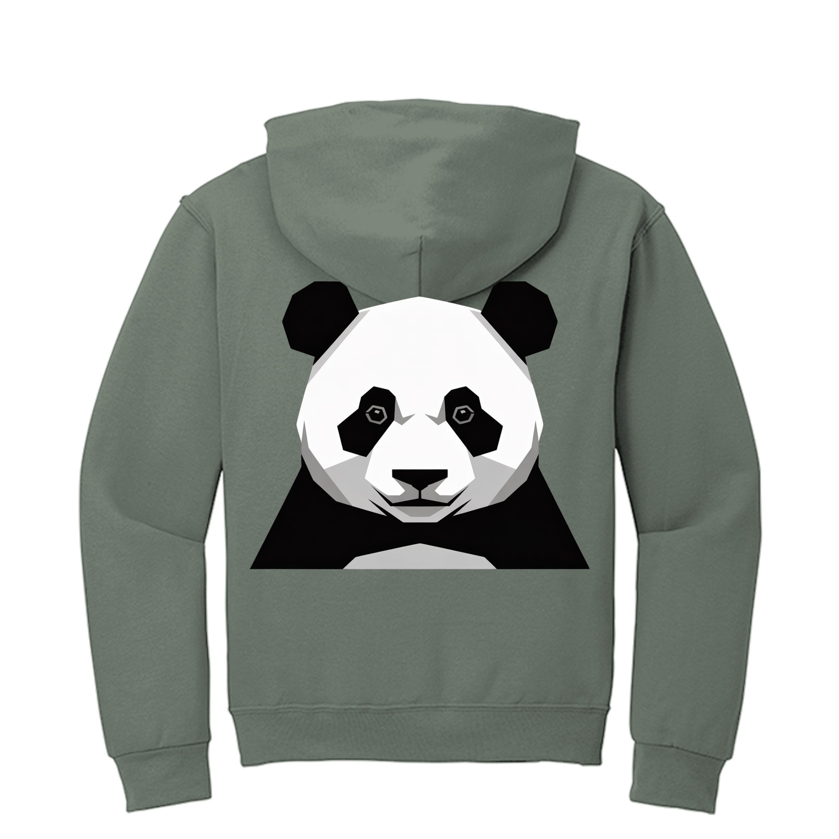 Stylio sage green zip-up hoodie with a geometric panda graphic on the back. Made from 8 oz. NuBlend fleece.