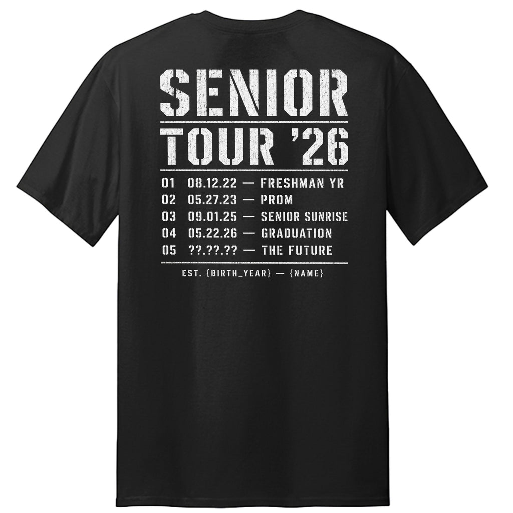 Stylio black 100% cotton t-shirt with "SENIOR TOUR '26" graphic and event dates listed.