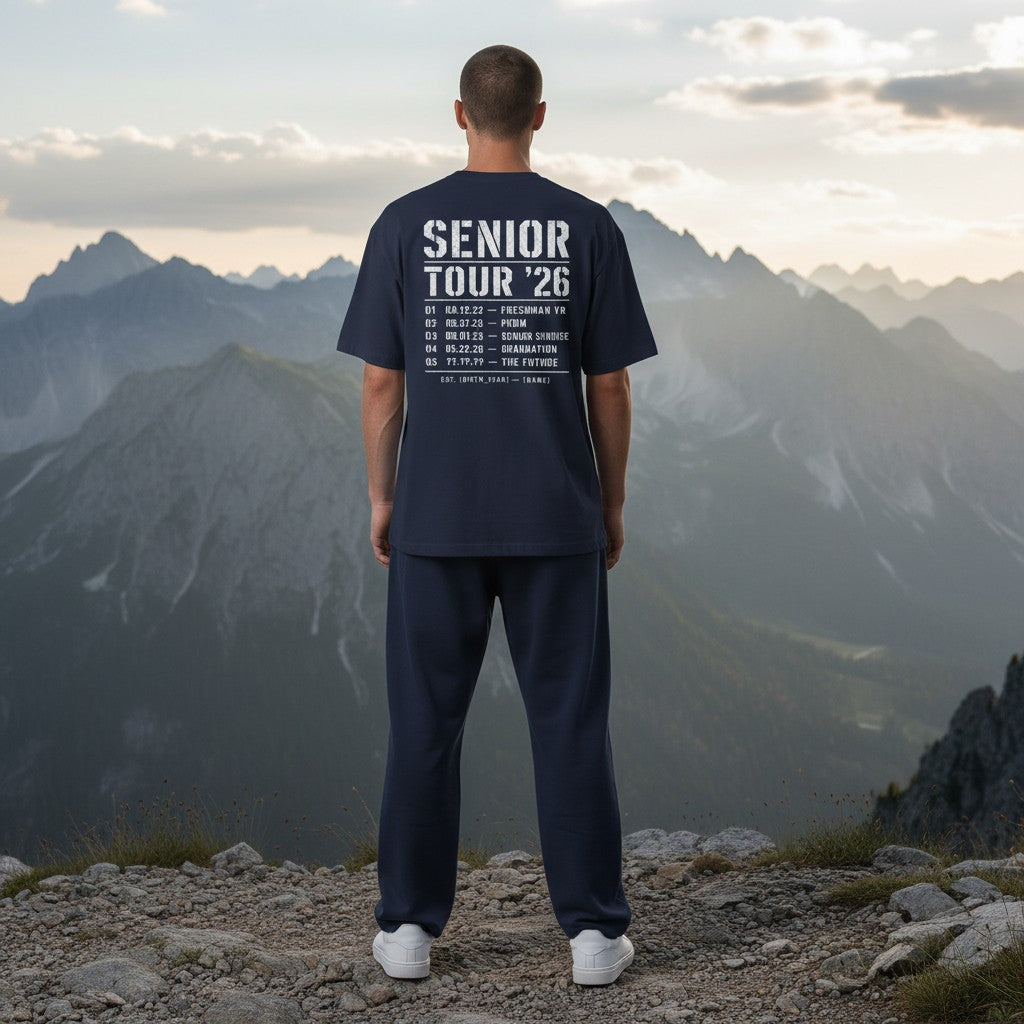 Stylio navy blue 100% cotton t-shirt with "Senior Tour '26" graphic and list of events including Freshman Yr, Prom, Senior Sunrise, Graduation, and The Future.