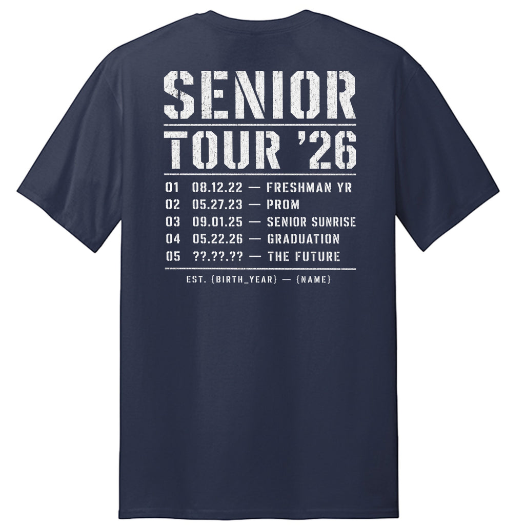 Stylio navy blue cotton t-shirt with "Senior Tour '26" graphic and list of events including Freshman Yr, Prom, Senior Sunrise, Graduation, and The Future.