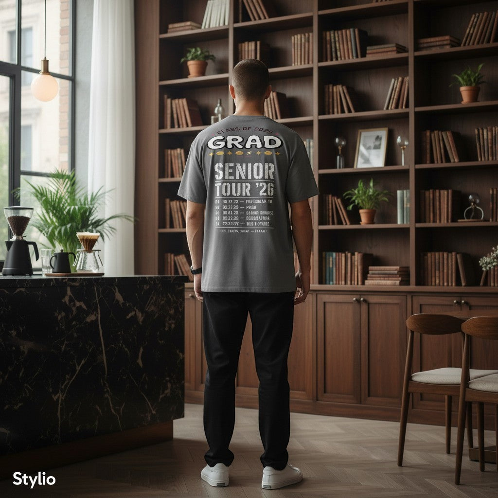 Stylio grey t-shirt with Class of 2026 Senior Tour graphic on back, listing high school events.