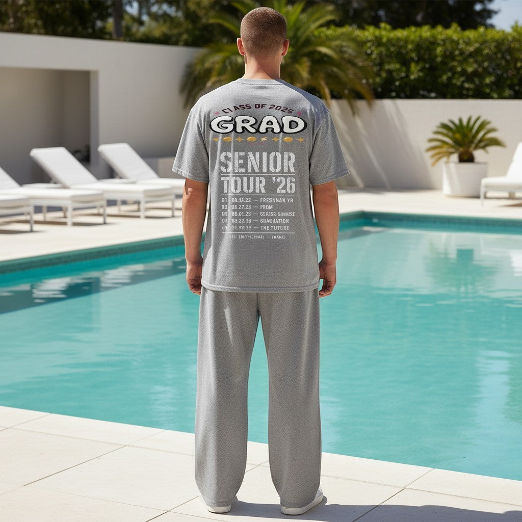 Stylio grey t-shirt for Class of 2026 Senior Tour, featuring 'GRAD SENIOR TOUR '26' graphic with event dates on back.