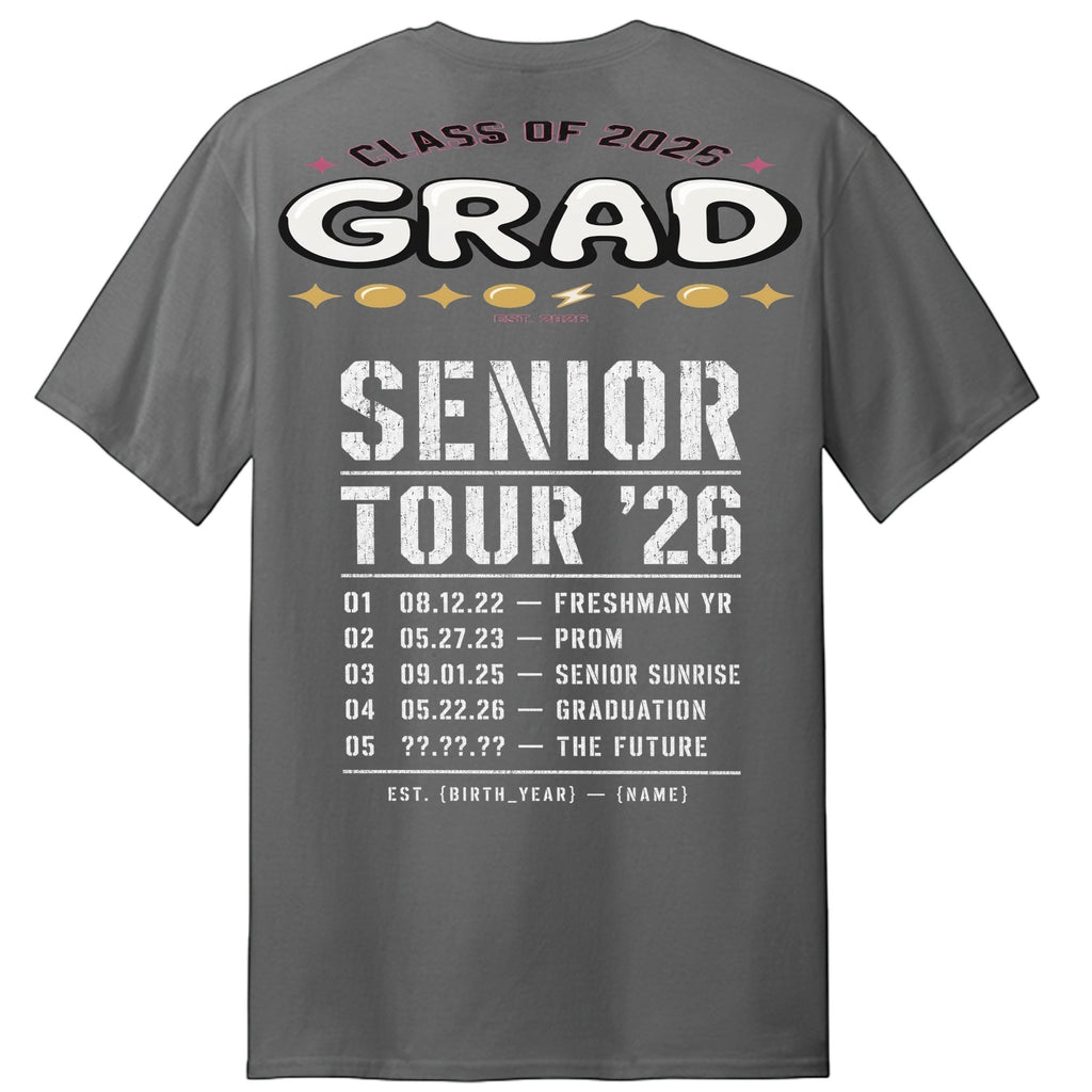 Stylio Class of 2026 Senior Tour T-Shirt in grey with 'GRAD SENIOR TOUR '26' graphic listing high school events.