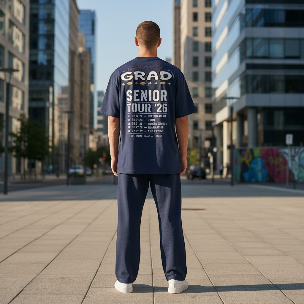 Stylio Class of 2026 Senior Tour T-Shirt in navy blue, featuring a graphic listing high school events and graduation.