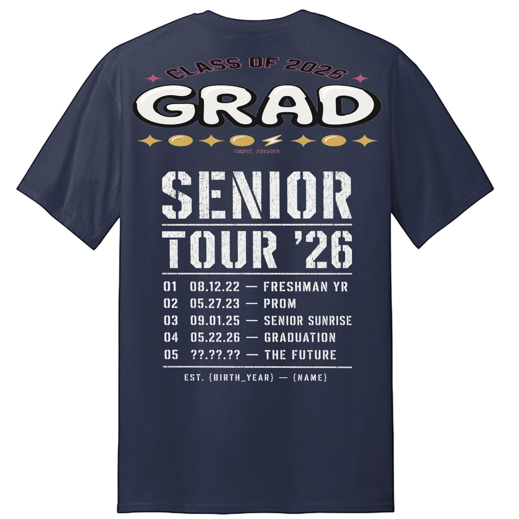 Stylio Class of 2026 Senior Tour T-Shirt in navy blue, featuring 'GRAD SENIOR TOUR '26' graphic with dates and events.