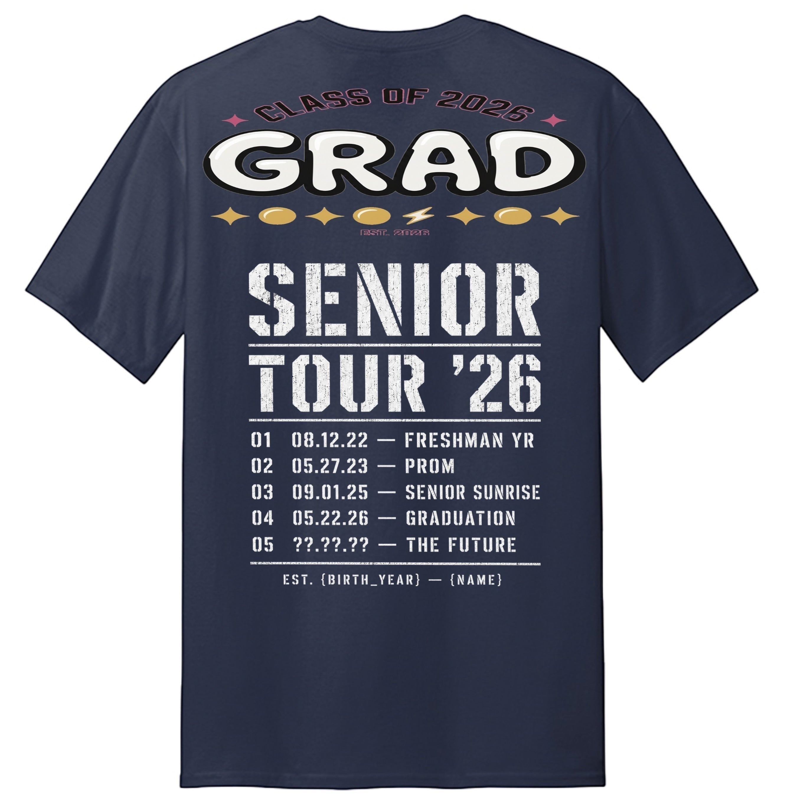 Stylio Class of 2026 Senior Tour T-Shirt in navy blue, featuring 'GRAD SENIOR TOUR '26' graphic with dates and events.