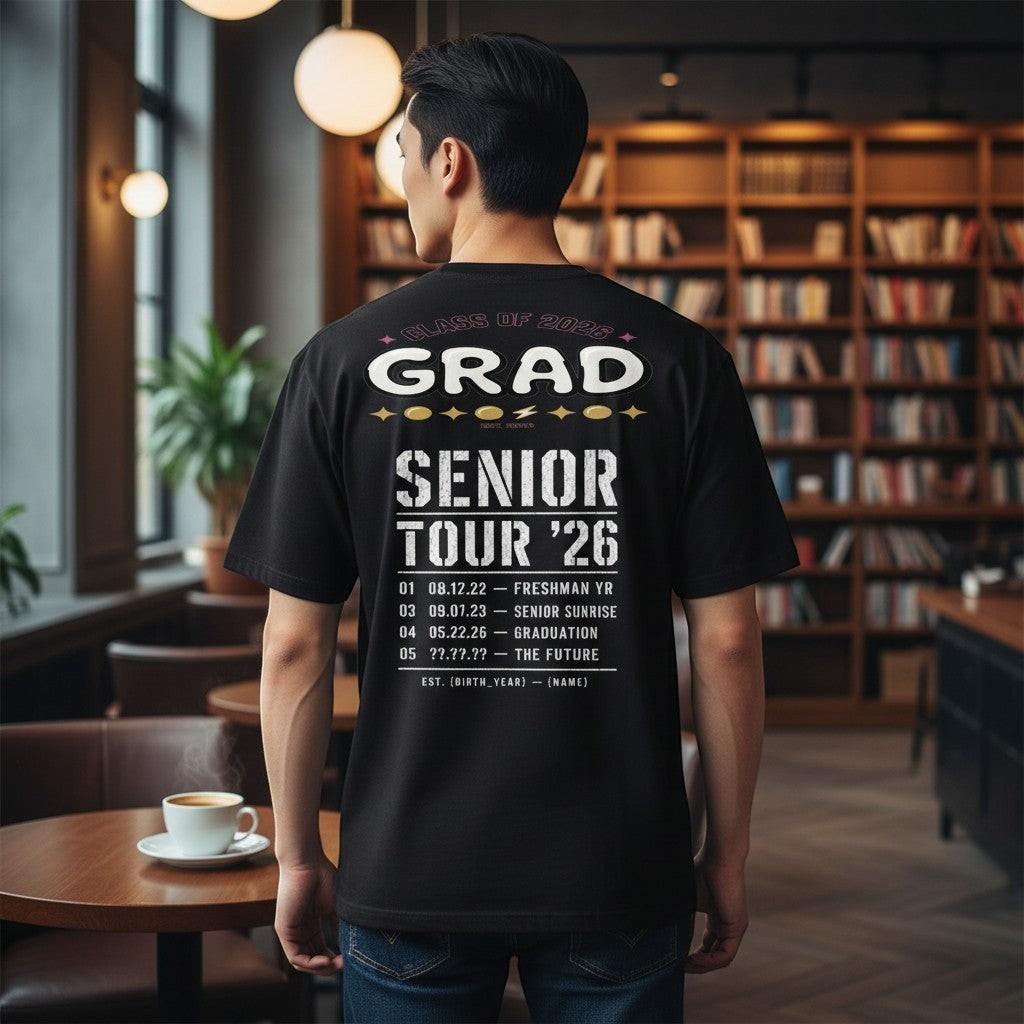 Stylio Class of 2026 Grad Senior Tour T-Shirt in black, featuring tour dates and events like Freshman Yr, Senior Sunrise, and Graduation.