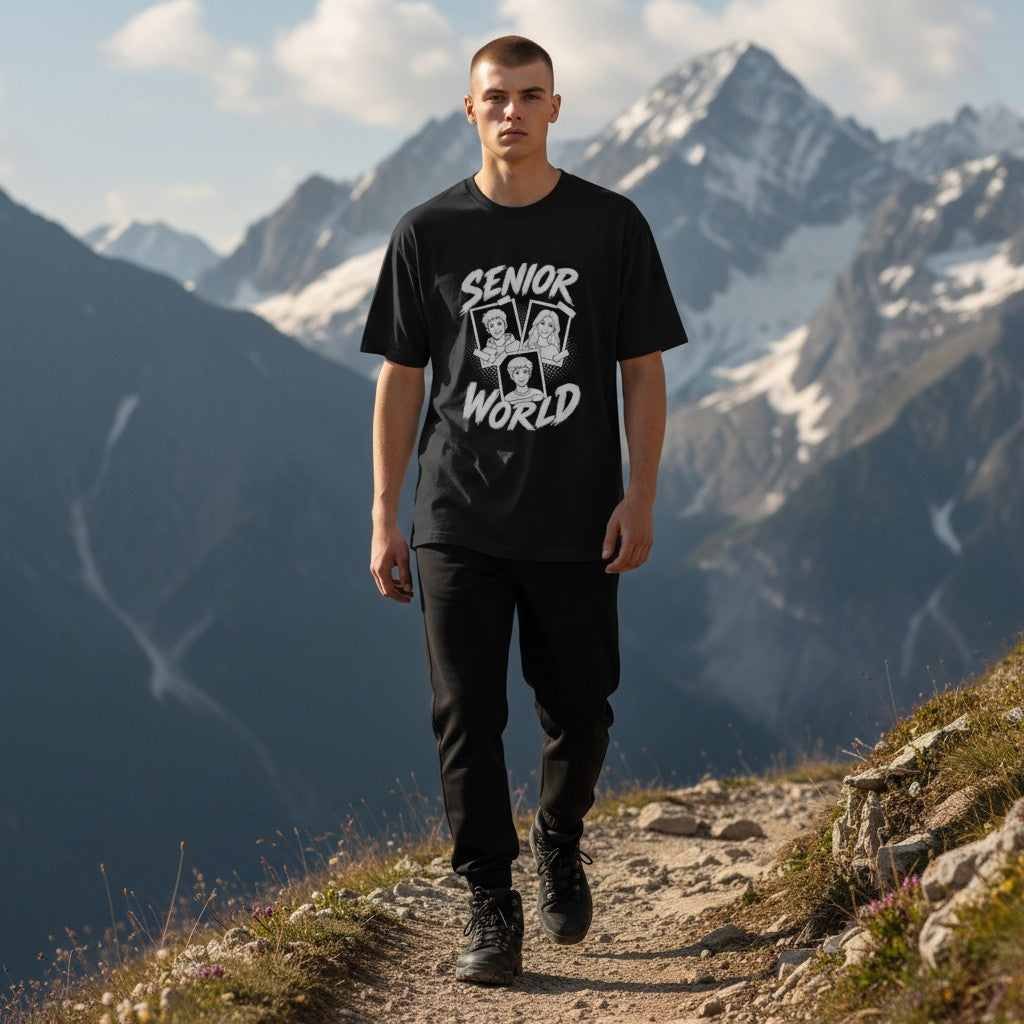 Stylio black 100% cotton t-shirt with "Senior World" graphic featuring three cartoon portraits.